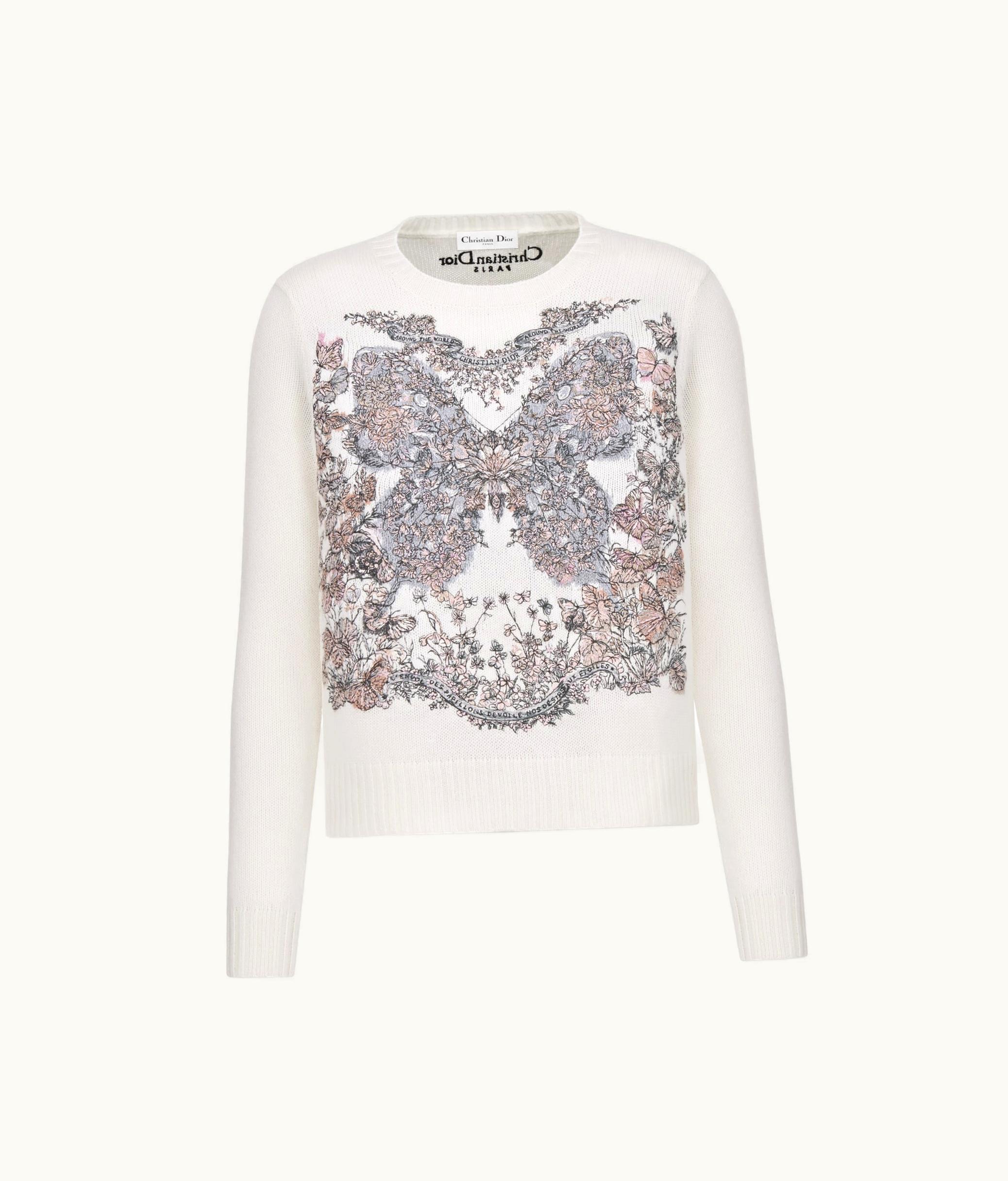 Dior Dior Embroidered Sweater - Ecru Cashmere Knit With Pastel Pink Butterfly Around The World Motif
