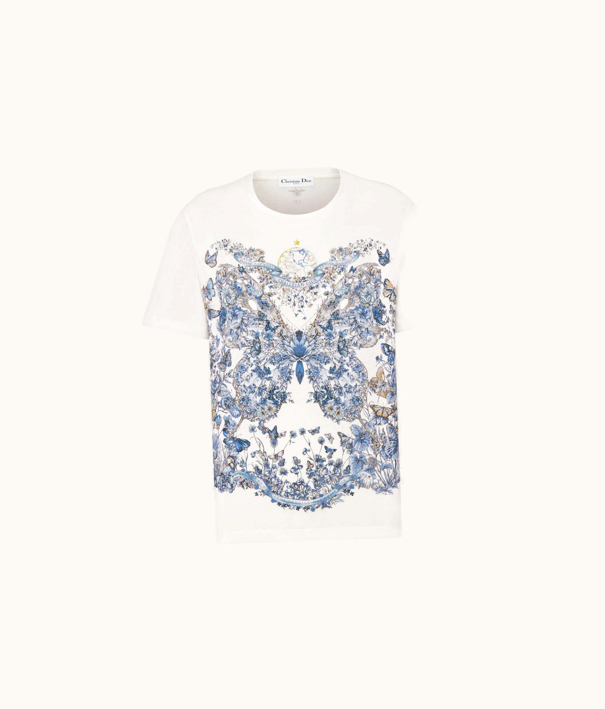 Dior Dior T-Shirt - White Cotton And Linen Jersey With Pastel Midnight Blue Butterfly Around The World Motif