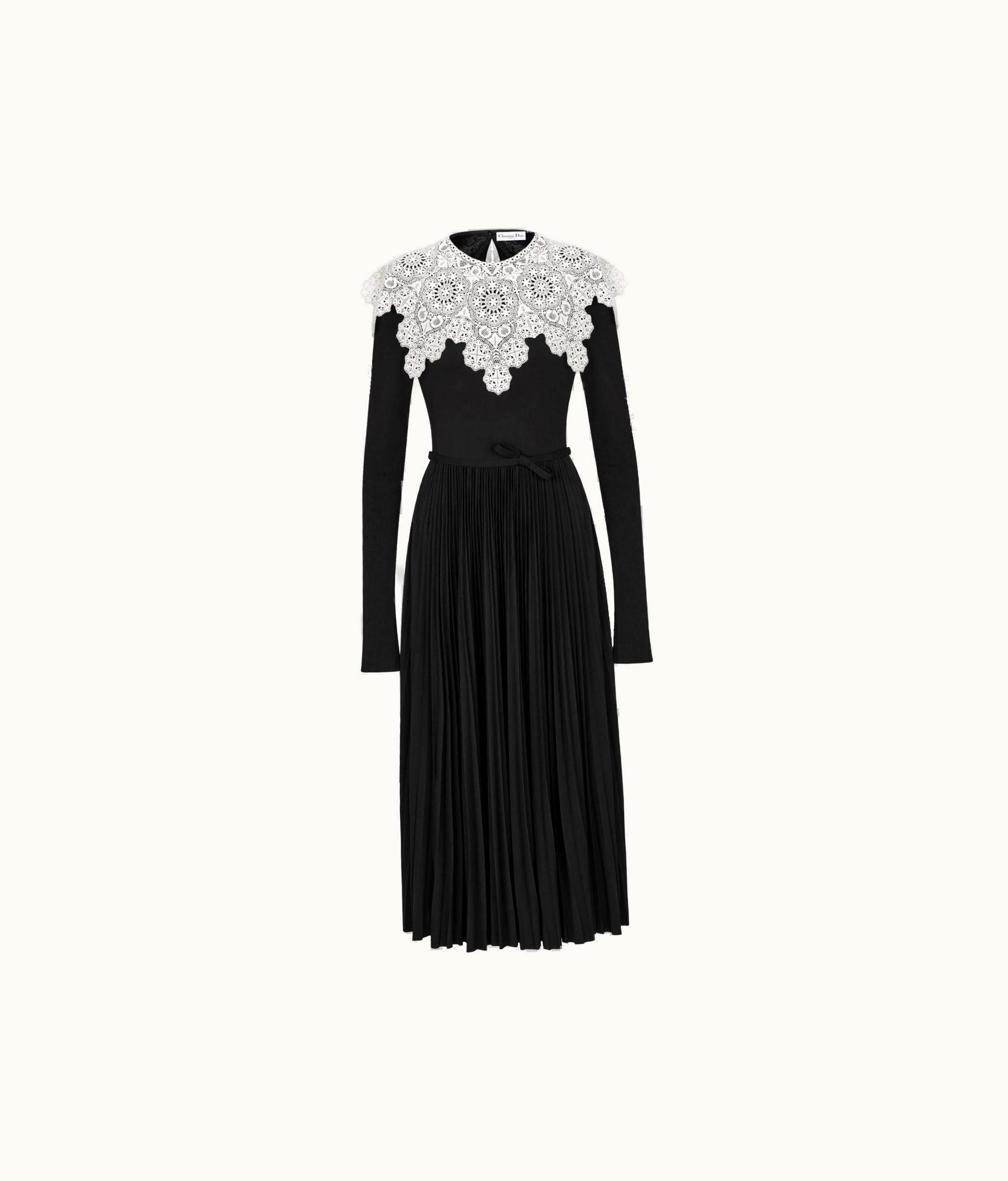 Dior Dior Mid-Length Pleated Dress - Black Technical Jersey And White Lace