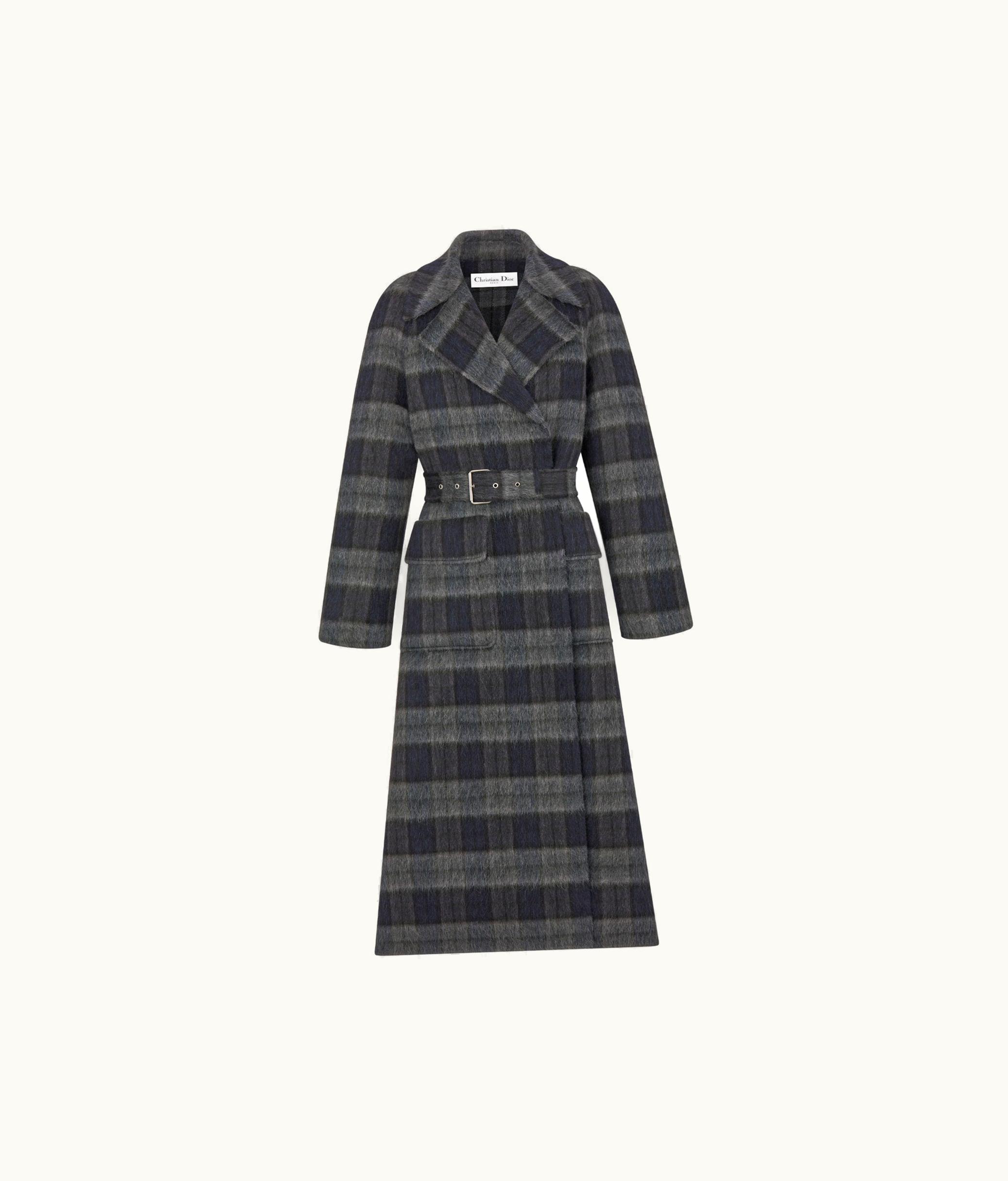 Dior Coat With Belt - Gray And Blue Double-Sided Llama Wool And Virgin Wool Felt With Check'n'Dior Tartan Motif