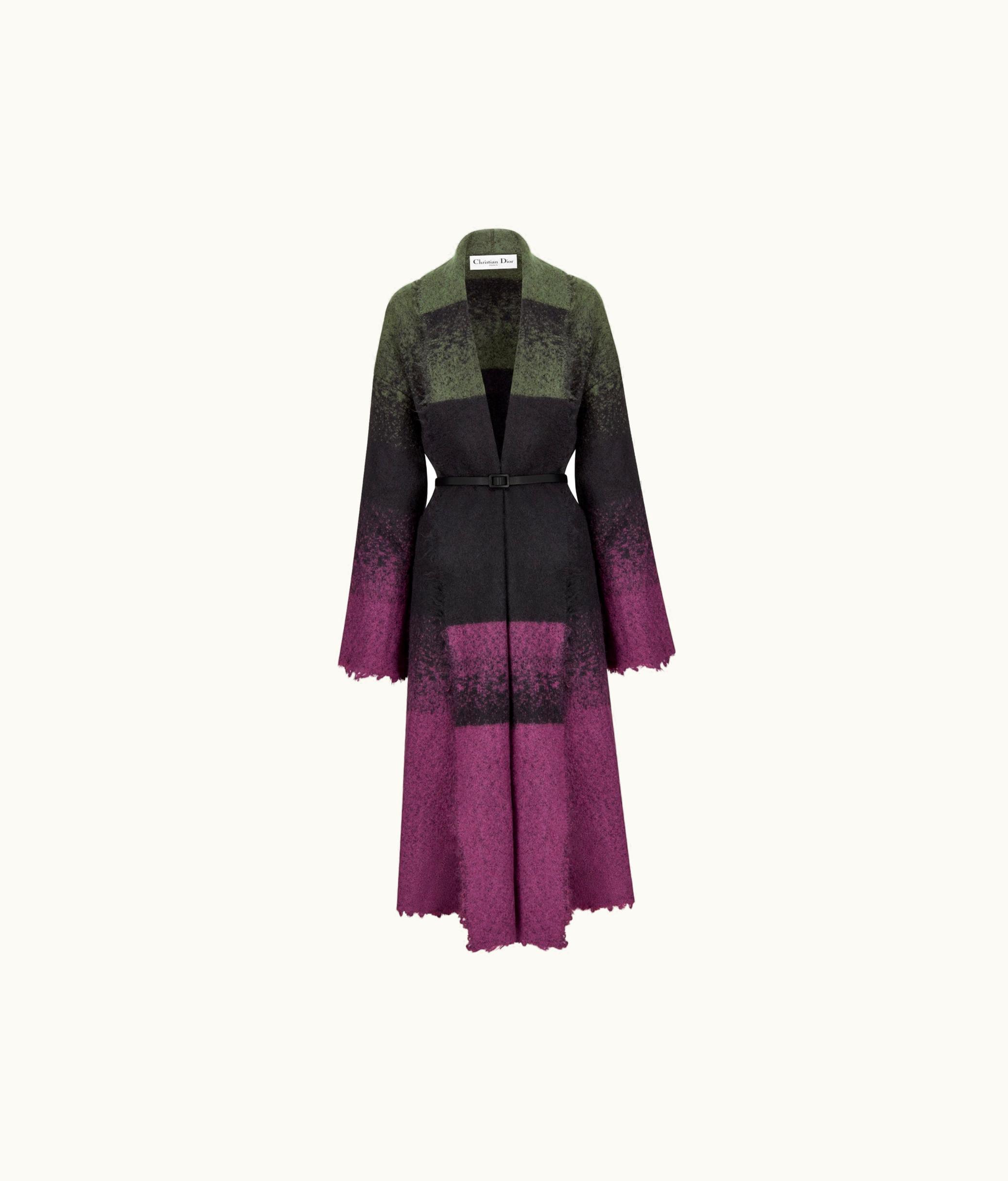 Dior Belted Coat With Scarf Collar - Deep Fuchsia And Green Technical Mohair And Wool Felt With Tie & Dior Motif