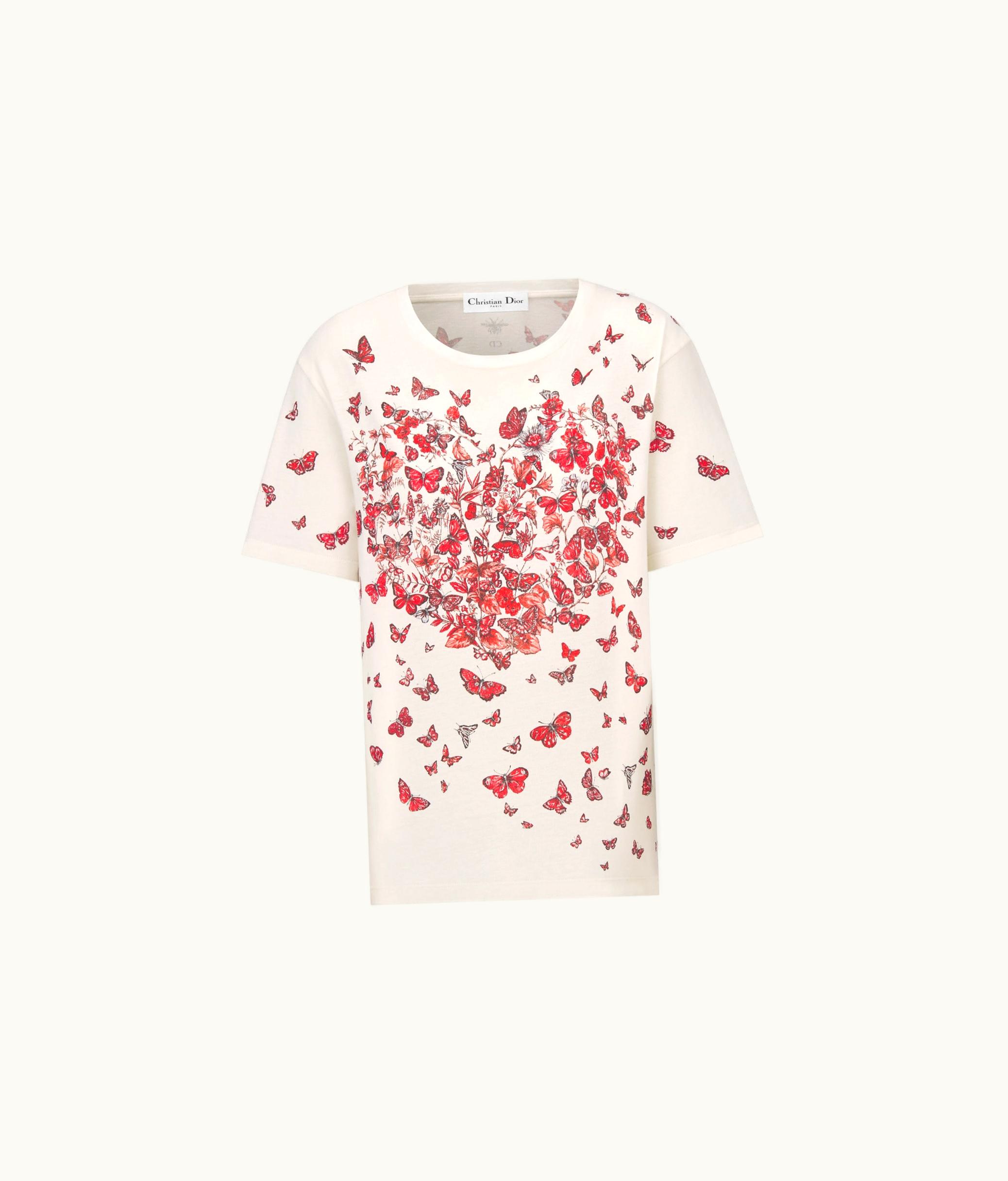 Dior Dior T-Shirt - White Cotton Jersey With Red Le Cœur Des Papillons Motif