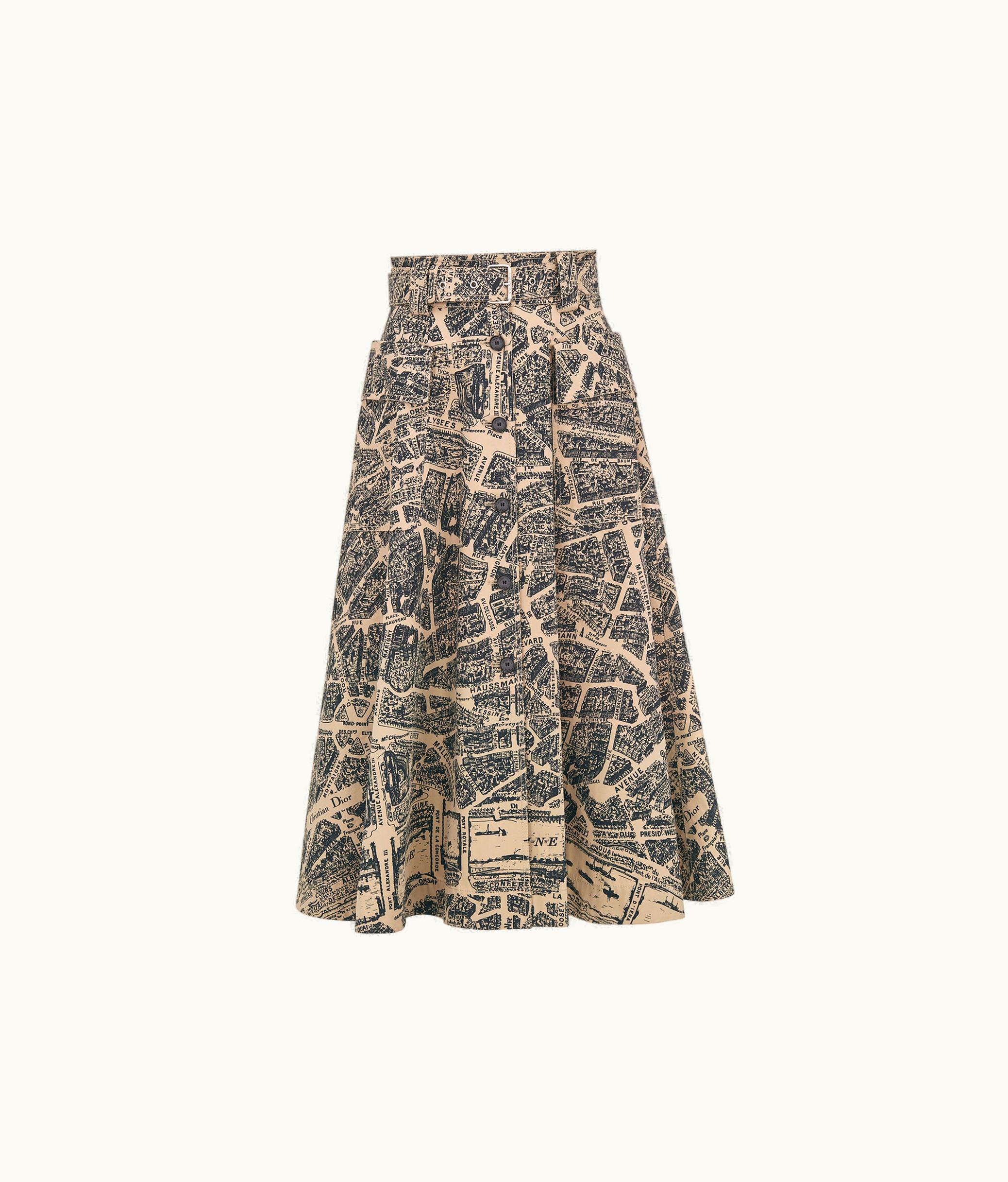 Dior Dior Mid-Length Flared Skirt - Beige And Black Cotton Gabardine With Plan De Paris Motif