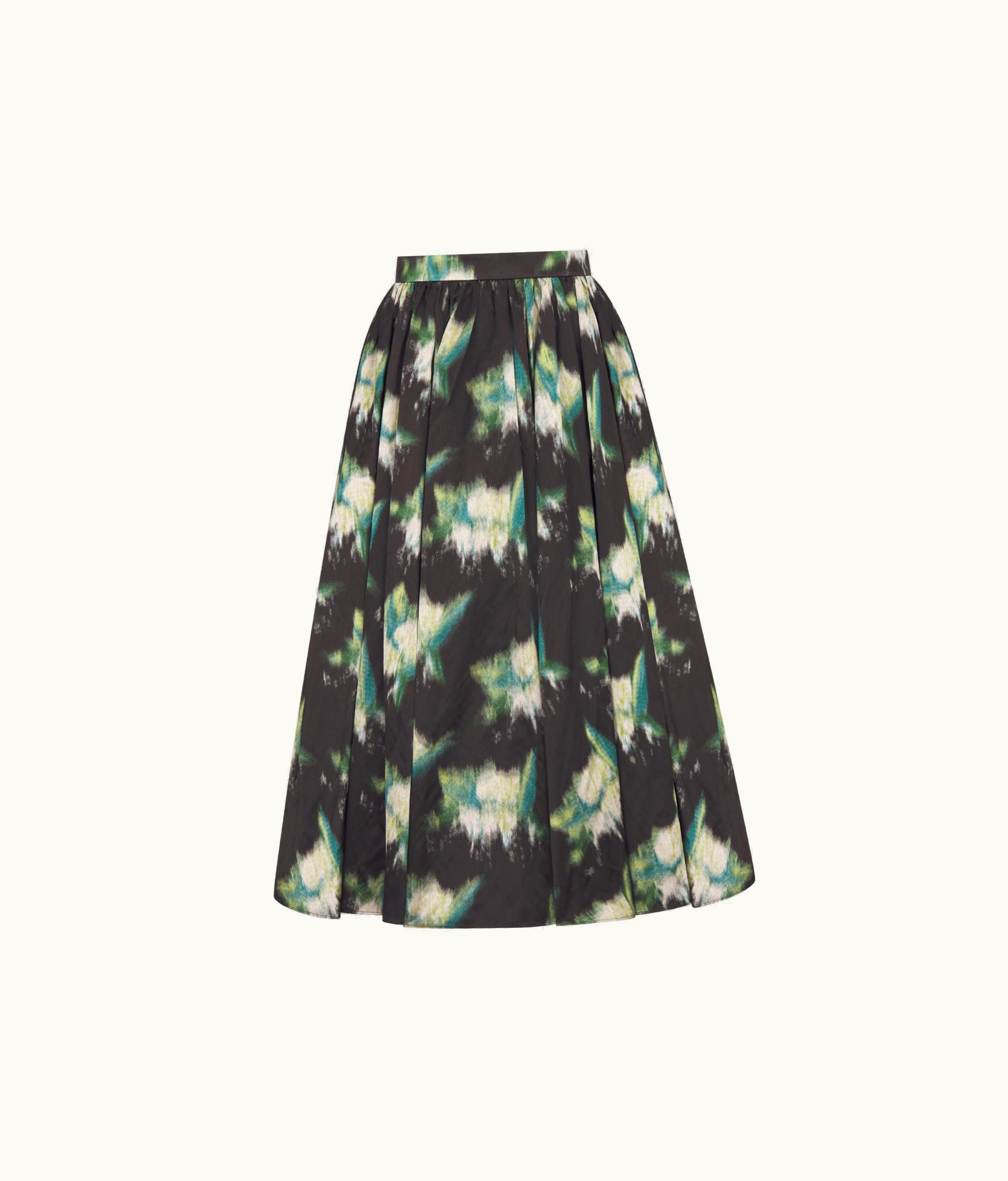 Dior Dior Flared Mid-Length Skirt - Metallic Black And Green Cotton And Silk With Blurred Flowers Motif