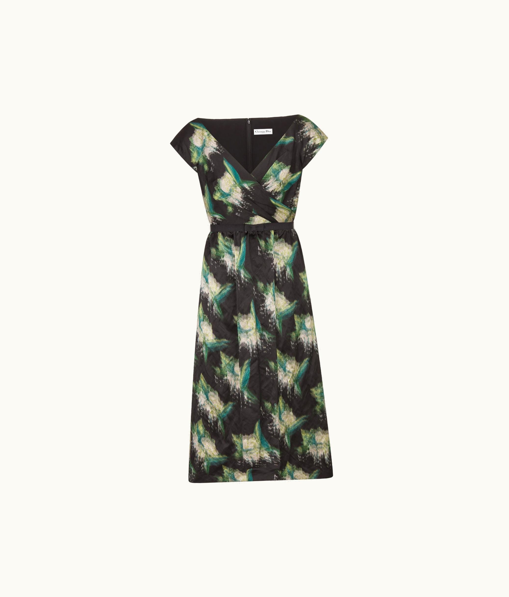 Dior Dior Regular-Fit Mid-Length Dress - Metallic Black And Green Cotton And Silk With Blurred Flowers Motif