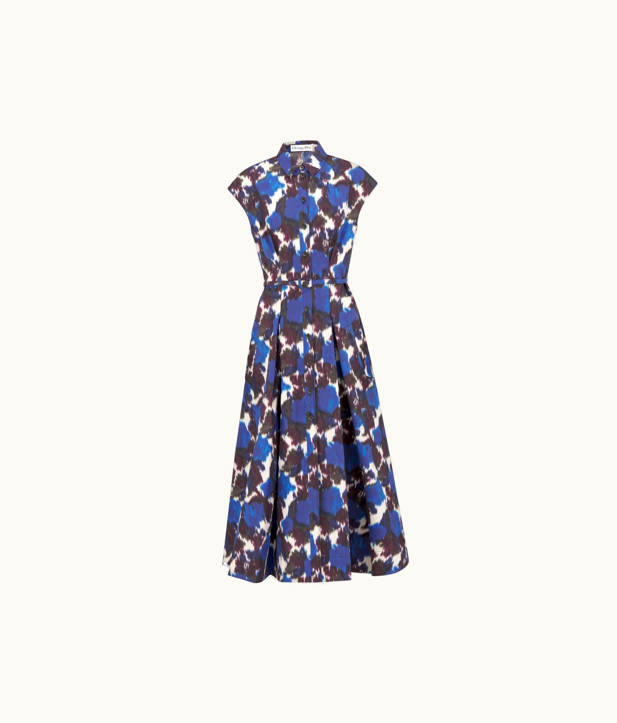 Dior Mid-Length Belted Shirt Dress - Blue Multicolor Cotton And Silk Poplin With Dior Roses Motif