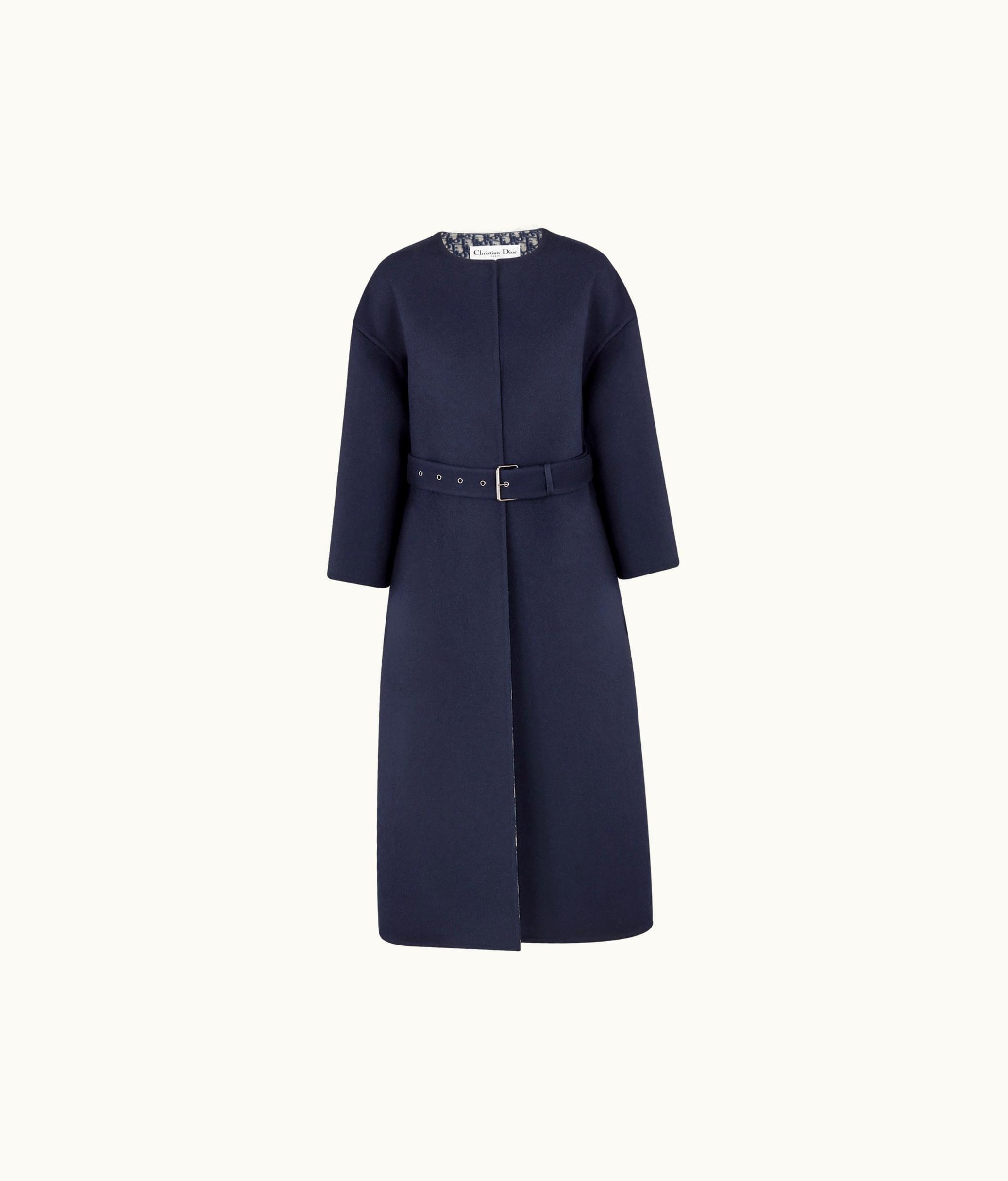 Dior Coat With Belt - Navy Blue Double-Sided Virgin Wool With Dior Oblique Interior