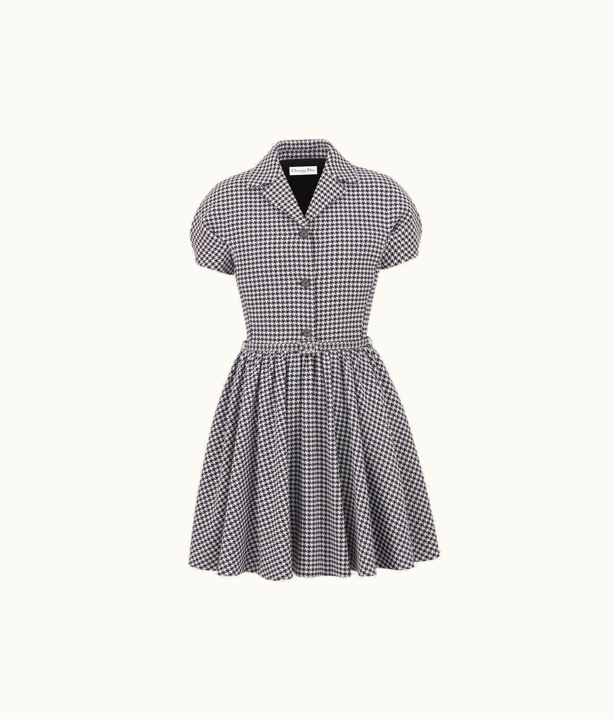 Dior Dior Flared Dress With Puff Sleeves - Black And White Houndstooth Wool