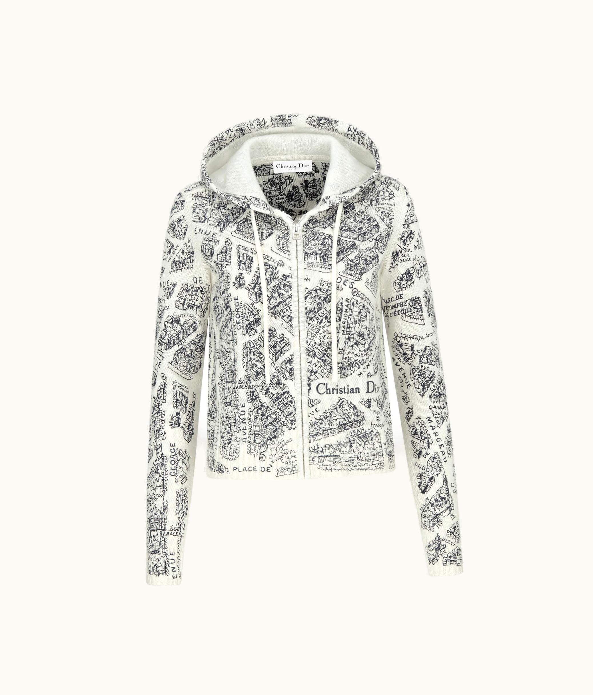 Dior Dior Embroidered Hooded Cardigan - White And Black Cashmere Knit With Plan De Paris Motif