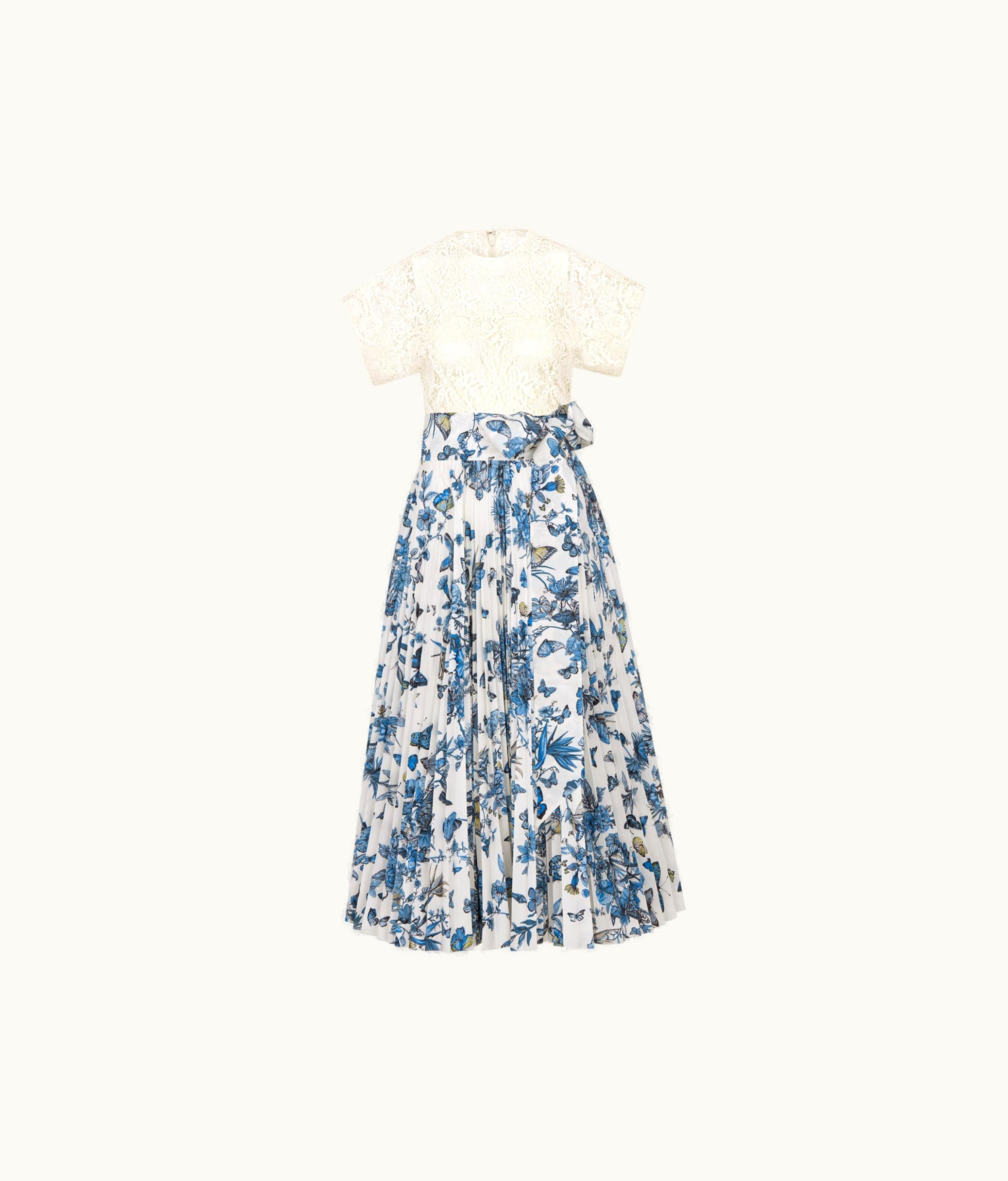 Dior Dior Mid-Length Pleated Dress With Bow - White And Pastel Midnight Blue Lace And Silk Taffeta With Toile De Jouy Mexico Motif