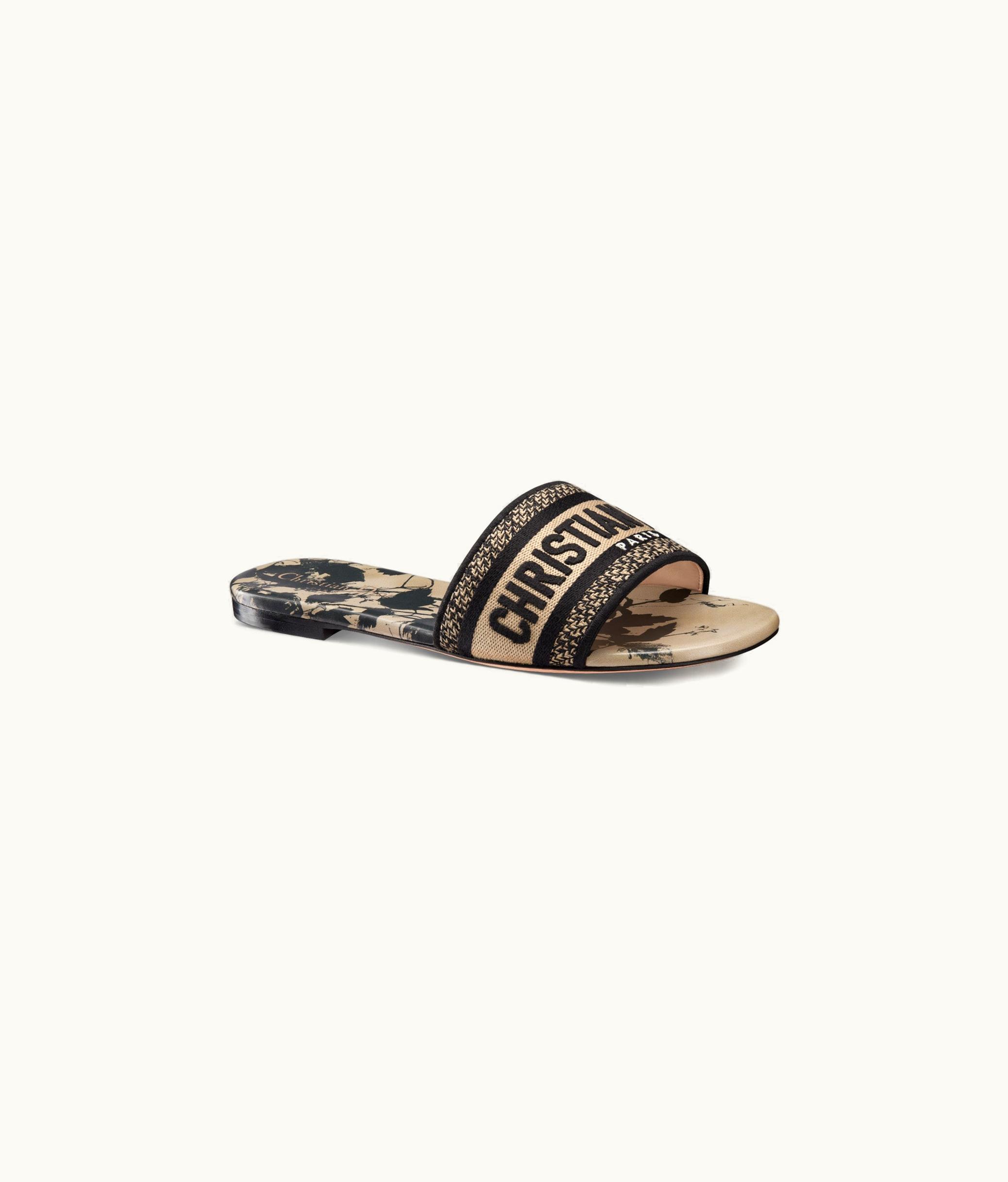 Dior Dior Dway Slide - Beige And Black Cotton Embroidered With Fleurs Mystiques Motif