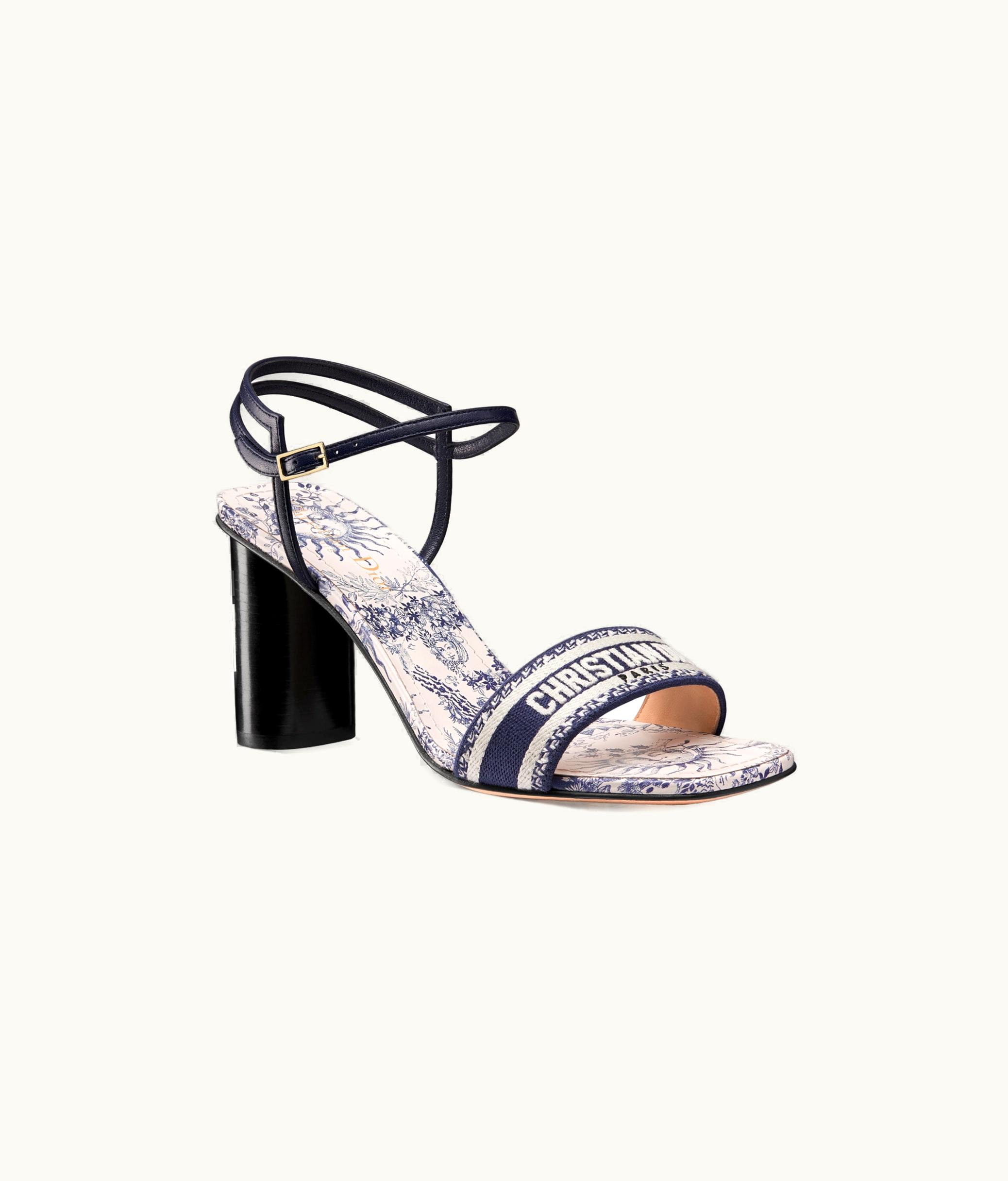 Dior Dior Dway Heeled Sandal - Blue And White Embroidered Cotton With Toile De Jouy Soleil Motif