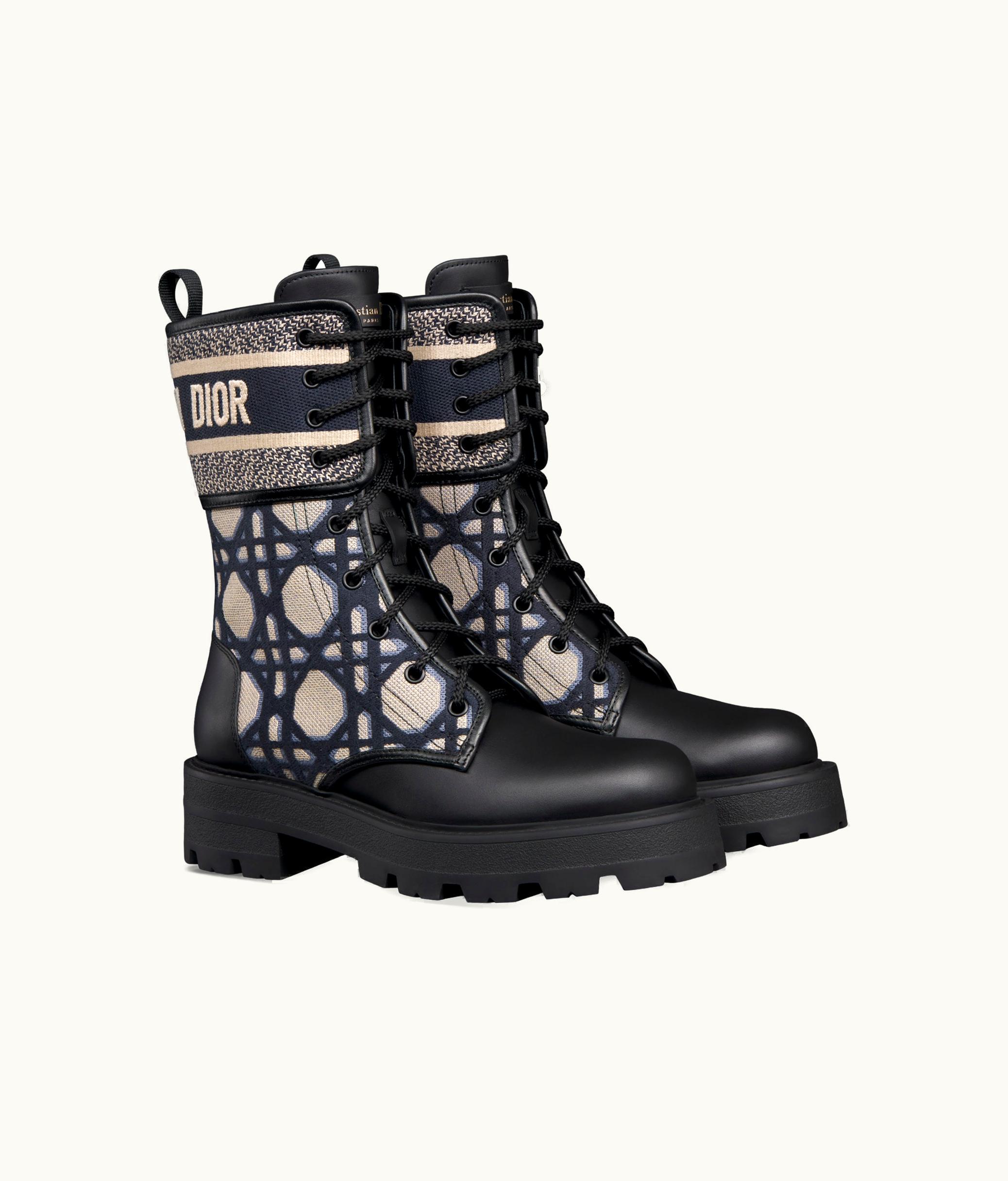 Dior Dior D-Major Ankle Boot - Black Calfskin With Deep Blue And Beige Embroidered Cannage Cotton