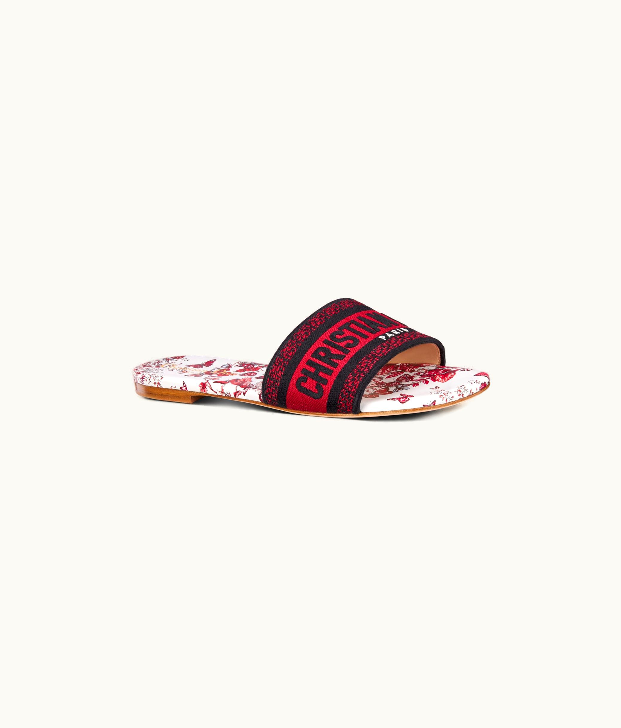 Dior Dior Dway Slide - White And Red Embroidered Cotton With Le Cœur Des Papillons Motif