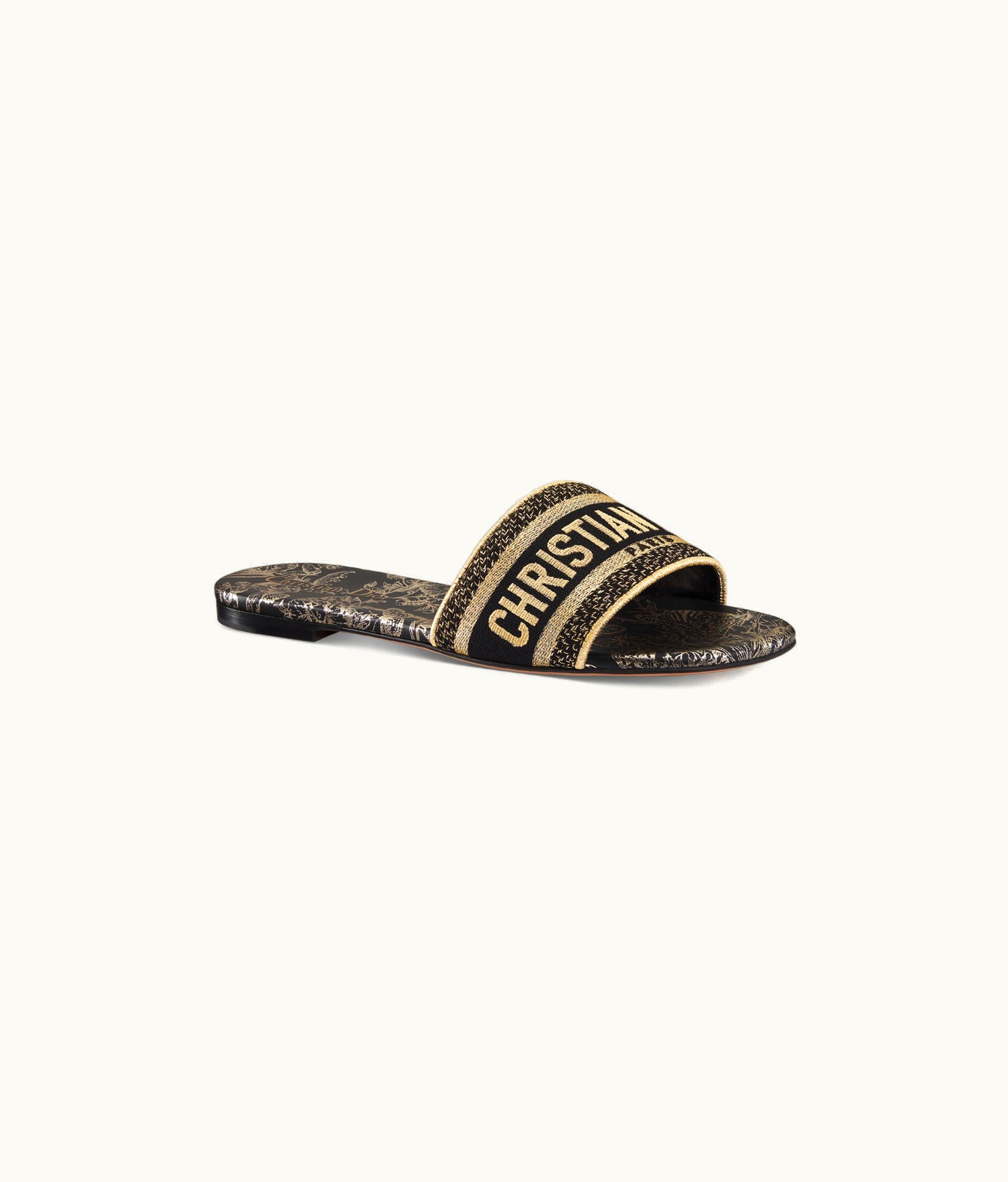Dior Dior Dway Slide - Black And Gold-Tone Toile De Jouy Mexico Embroidered Cotton With Metallic Thread