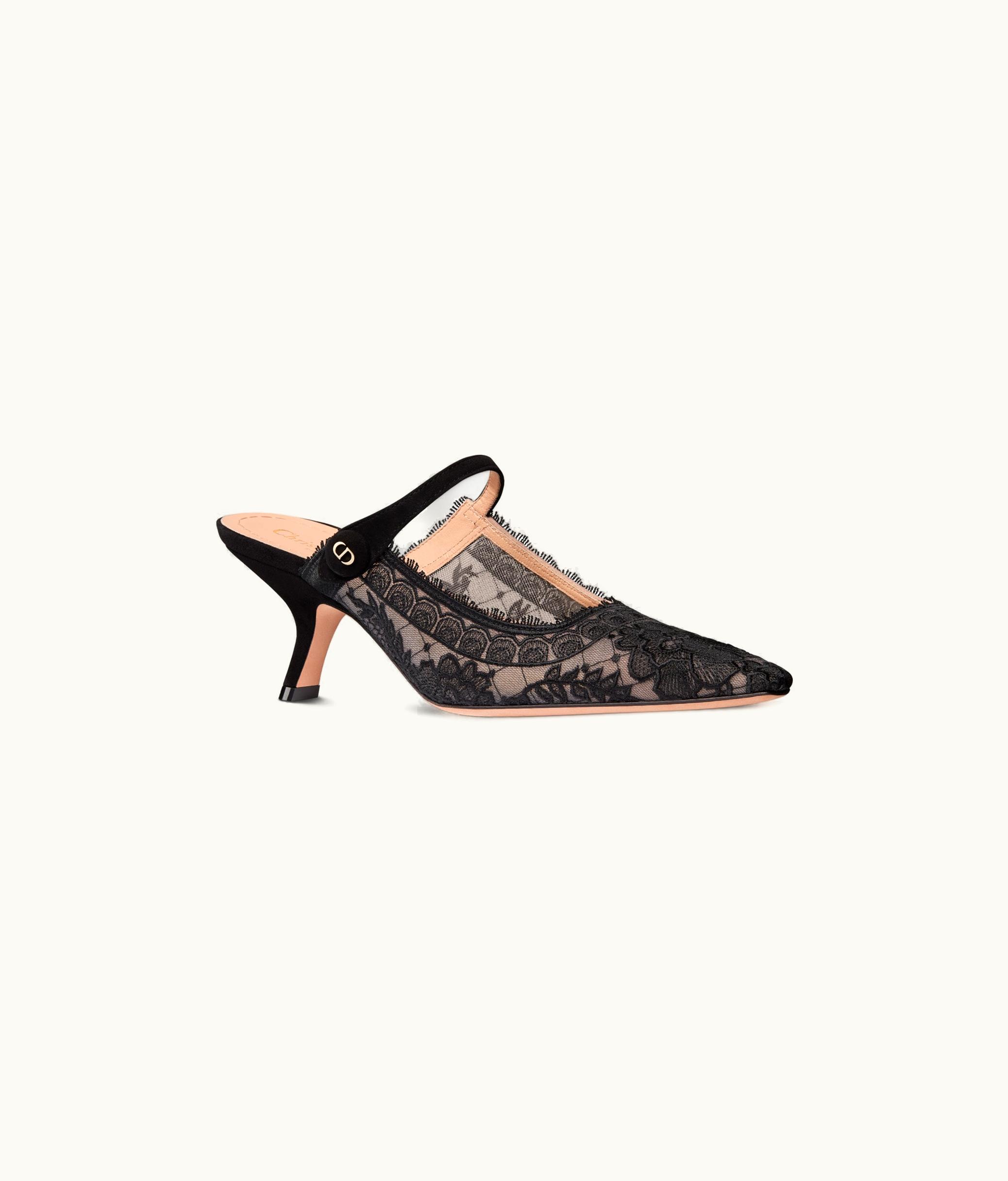 Dior Dior Capture Heeled Mule - Black Transparent Mesh And Suede Embroidered With Dior Roses Motif