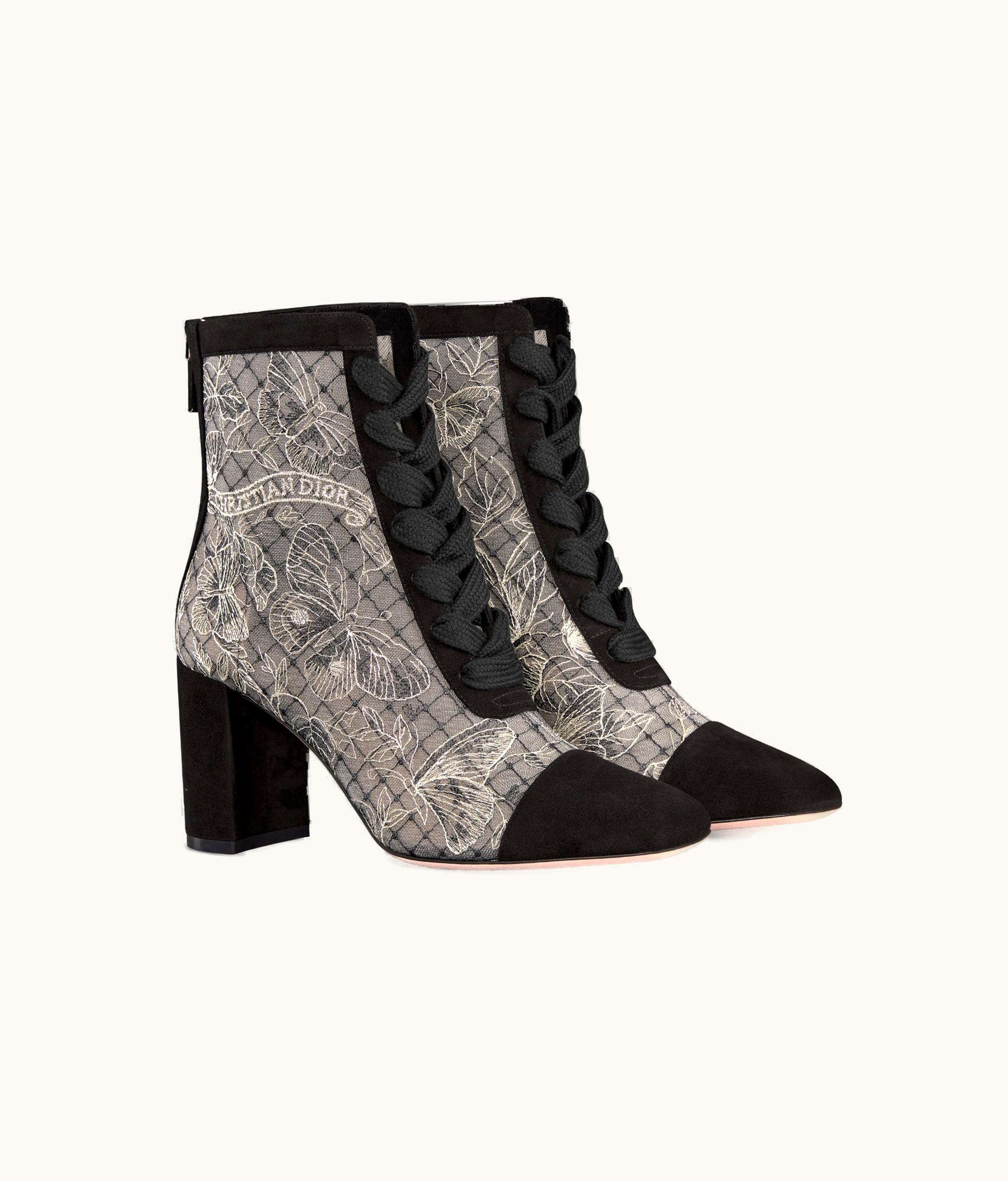Dior Dior Naughtily-D Ankle Boot - Transparent Mesh Embroidered With Black And Gold-Tone Butterfly Motif, Metallic Thread And Black Suede Calfskin