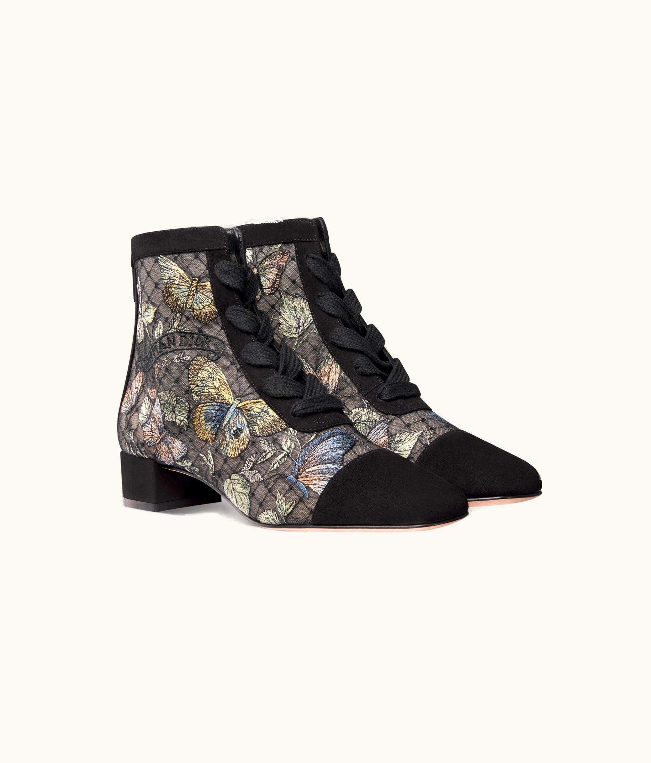 Dior Dior Naughtily-D Ankle Boot - Black Multicolor Transparent Mesh Embroidered With Butterfly Motif And Black Suede Calfskin