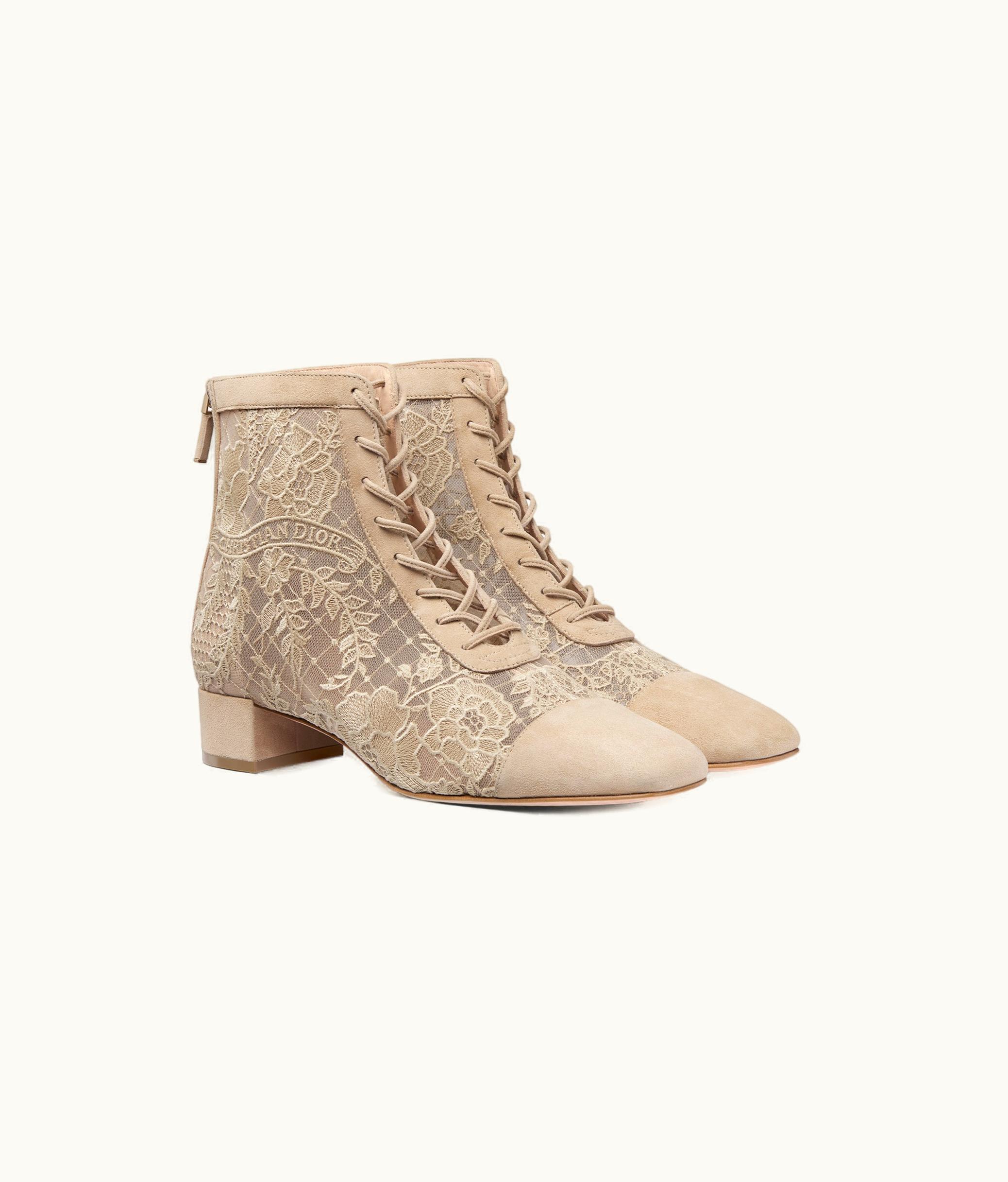 Dior Naughtily-D Heeled Ankle Boot - Transparent Mesh And Sand-Colored Suede Calfskin Embroidered With Dior Roses Motif