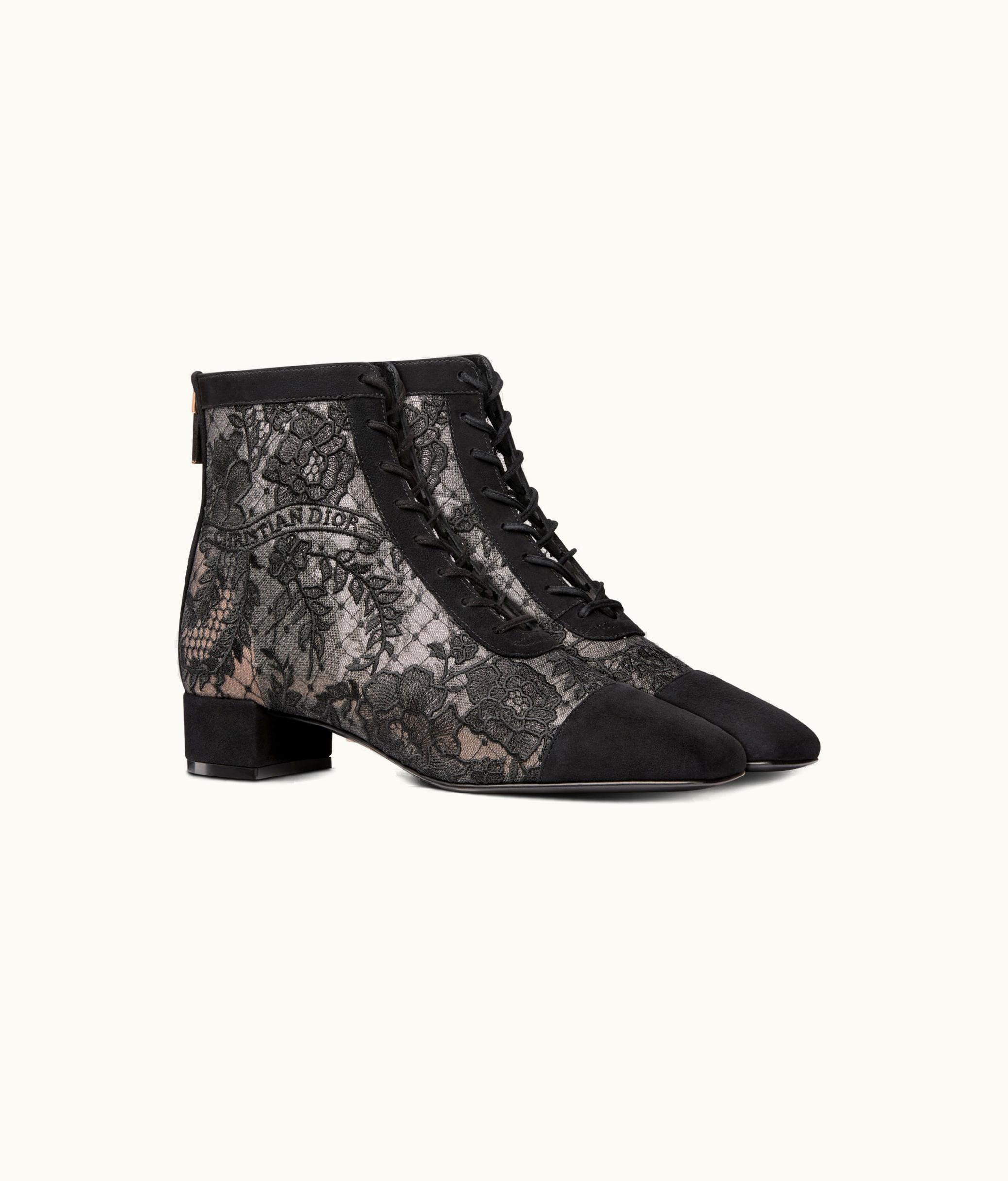 Dior Naughtily-D Ankle Boot - Black Transparent Mesh And Suede Embroidered With Dior Roses Motif