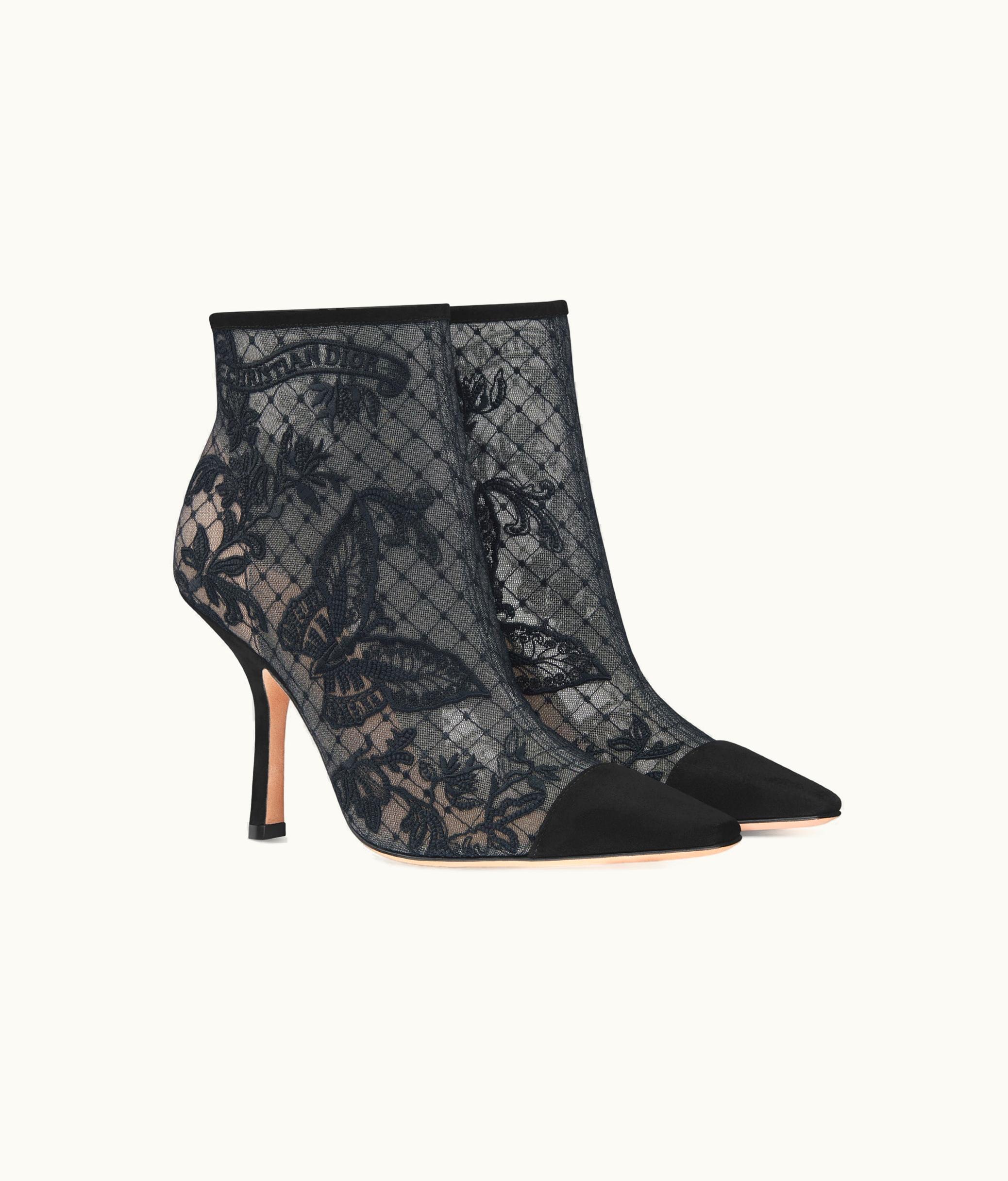 Dior Dior Capture Heeled Ankle Boot - Transparent Mesh Embroidered With Black Butterfly Motif And Suede Calfskin