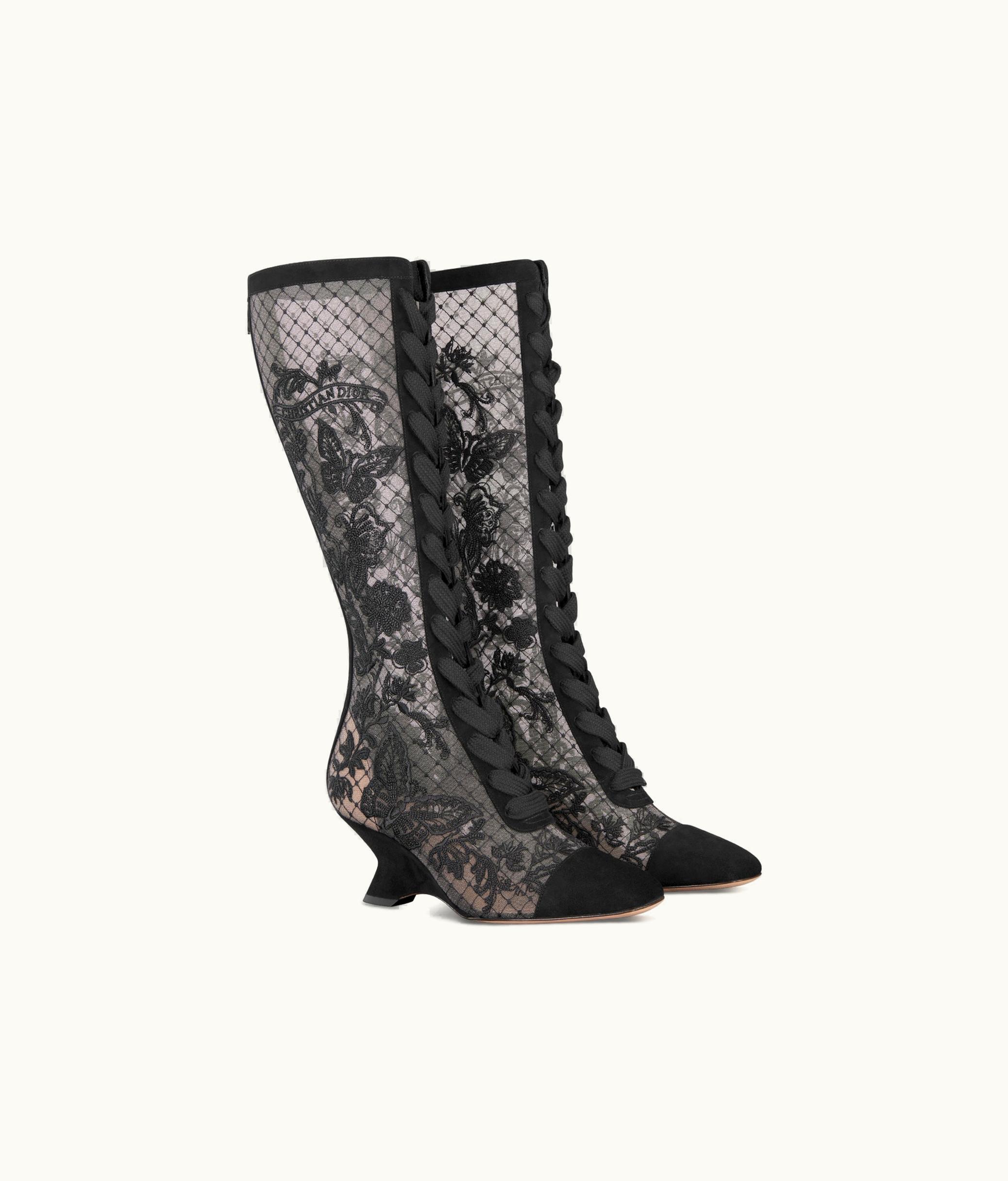 Dior Dior Naughtily-D Wedge Boot - Transparent Mesh Embroidered With Black Butterfly Motif And Suede Calfskin