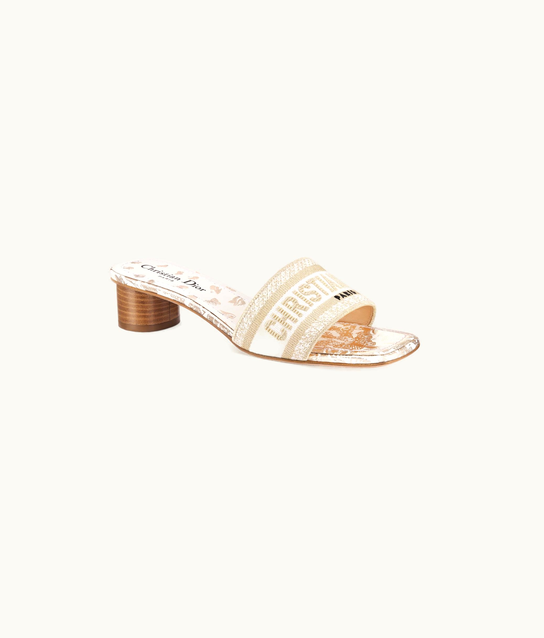 Dior Dior Dway Heeled Slide - White And Gold-Tone Gradient Butterflies Embroidered Cotton With Metallic Thread