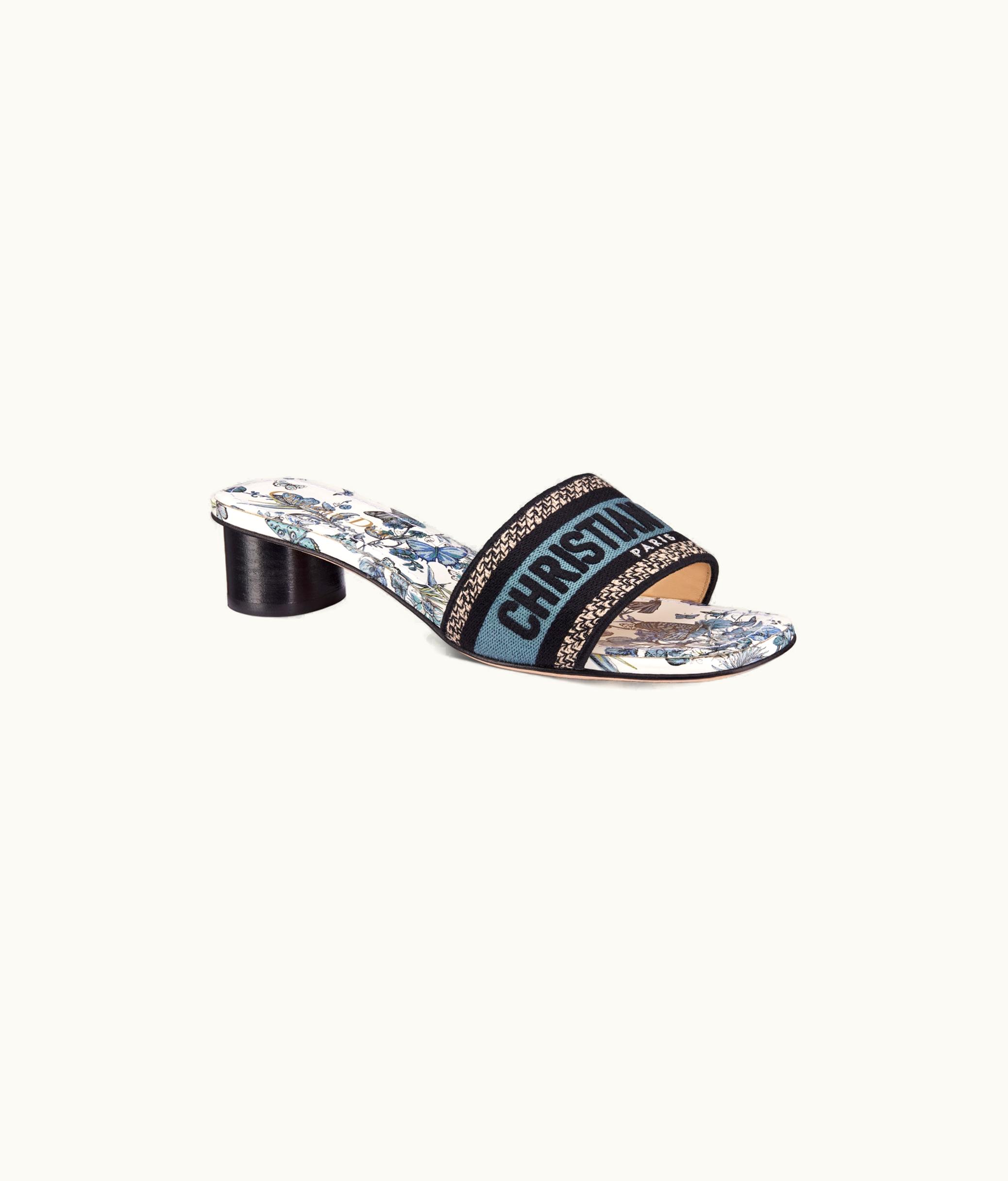 Dior Dior Dway Heeled Slide - Pastel Midnight Blue Multicolor Embroidered Cotton With Toile De Jouy Mexico Motif