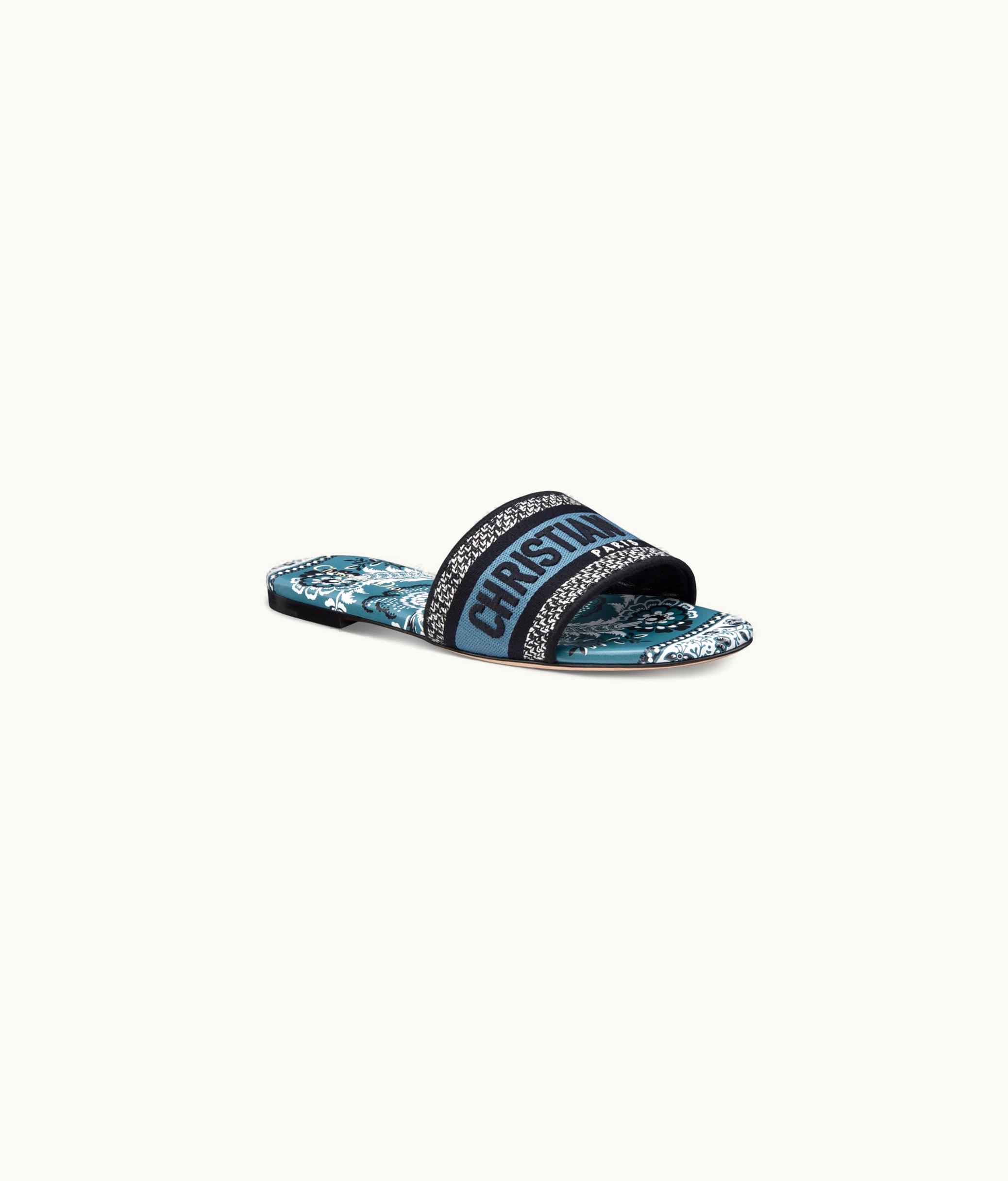 Dior Dior Dway Slide - Denim Blue Multicolor Embroidered Cotton With Butterfly Bandana Motif