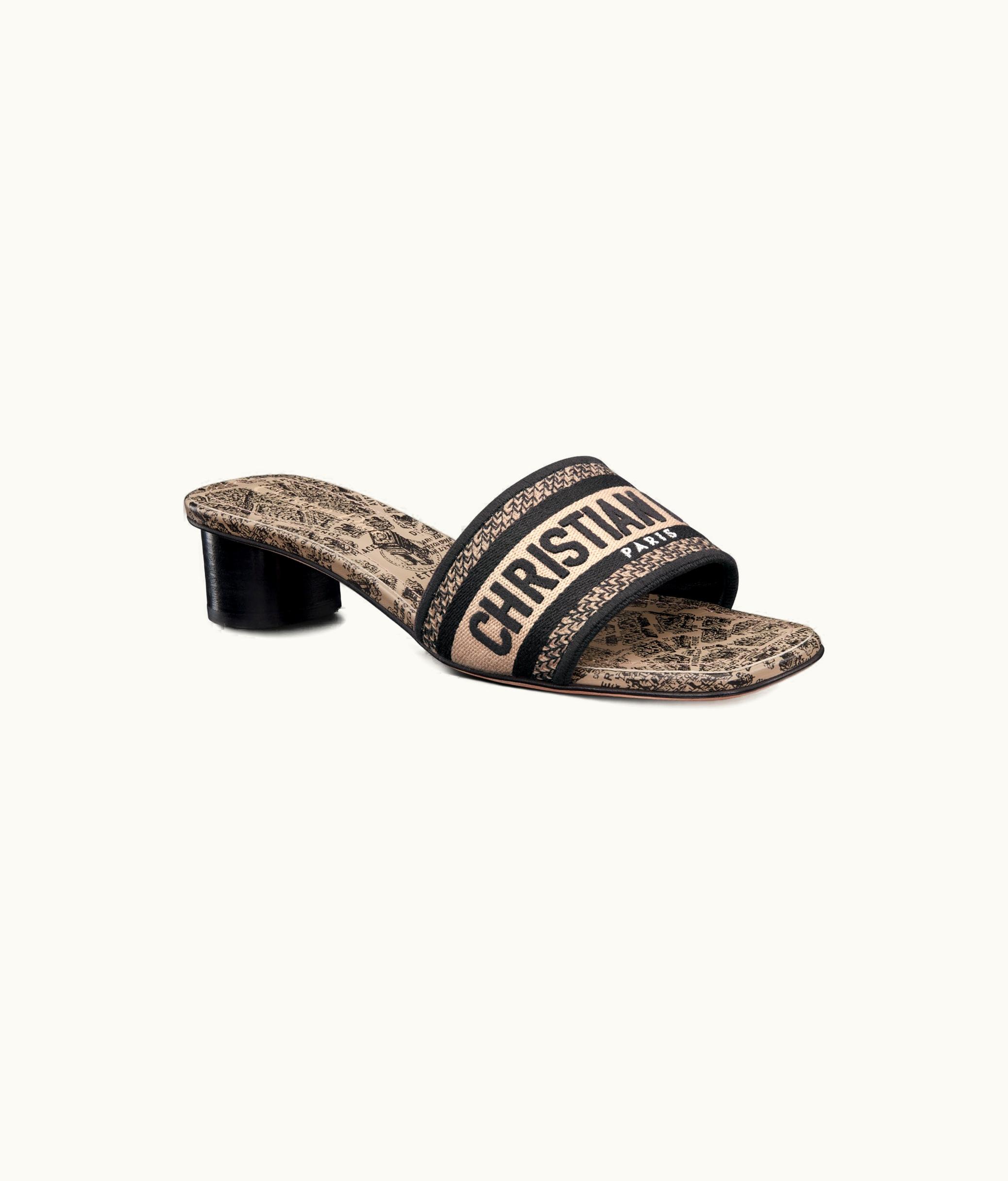Dior Dior Dway Heeled Slide - Beige And Black Cotton Embroidered With Plan De Paris Motif