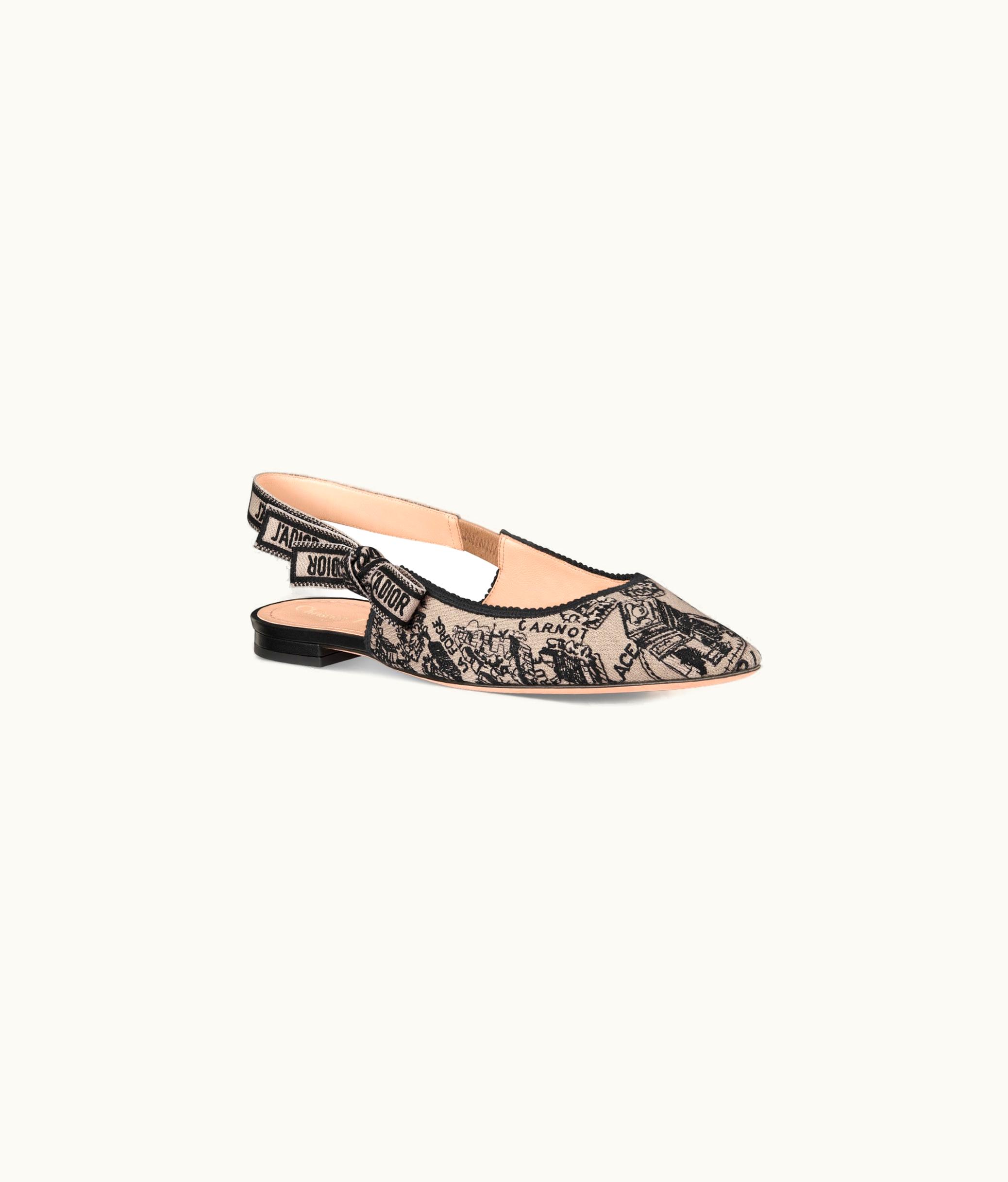 Dior Dior J'Adior Slingback Flat - Beige And Black Cotton Embroidered With Plan De Paris Motif