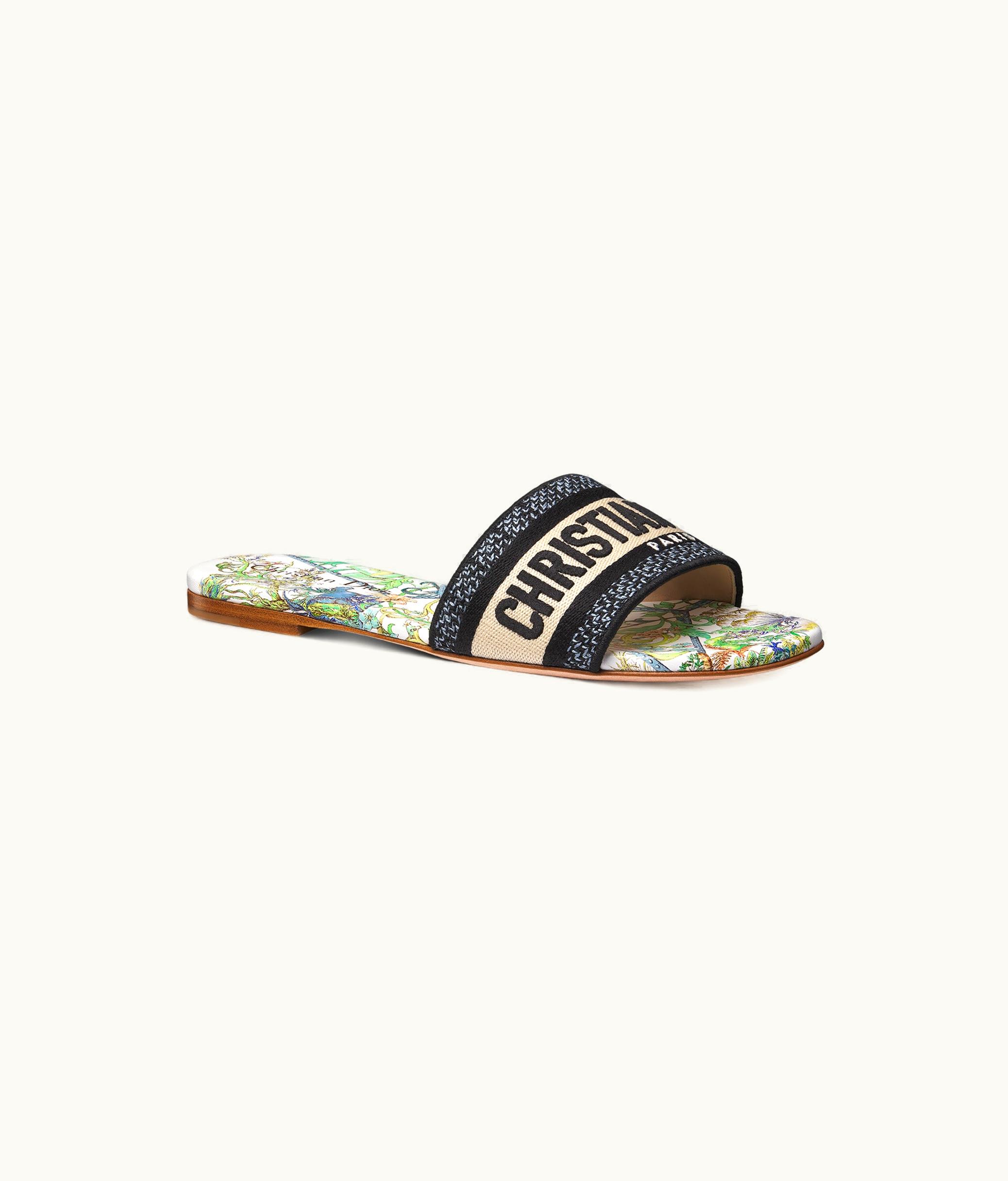 Dior Dior Dway Slide - White Multicolor Embroidered Cotton With Étoile De Voyage Motif