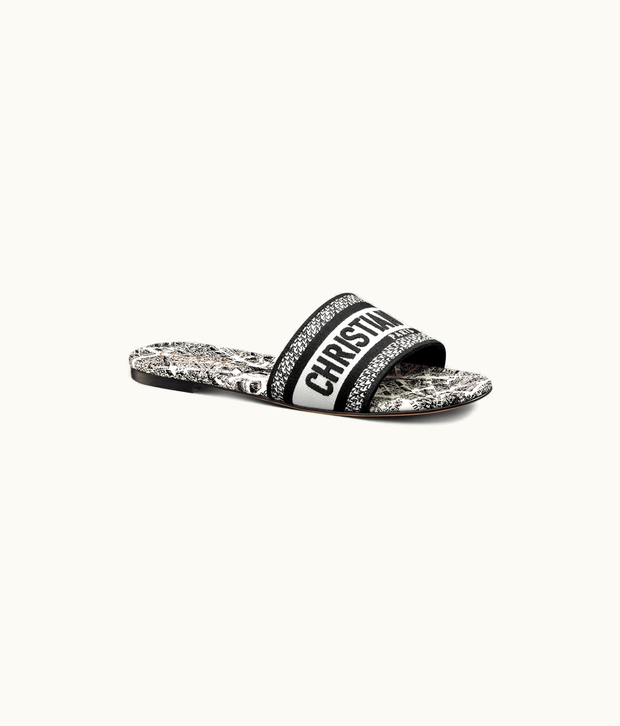 Dior Dior Dway Slide - White And Black Embroidered Cotton With Plan De Paris Motif