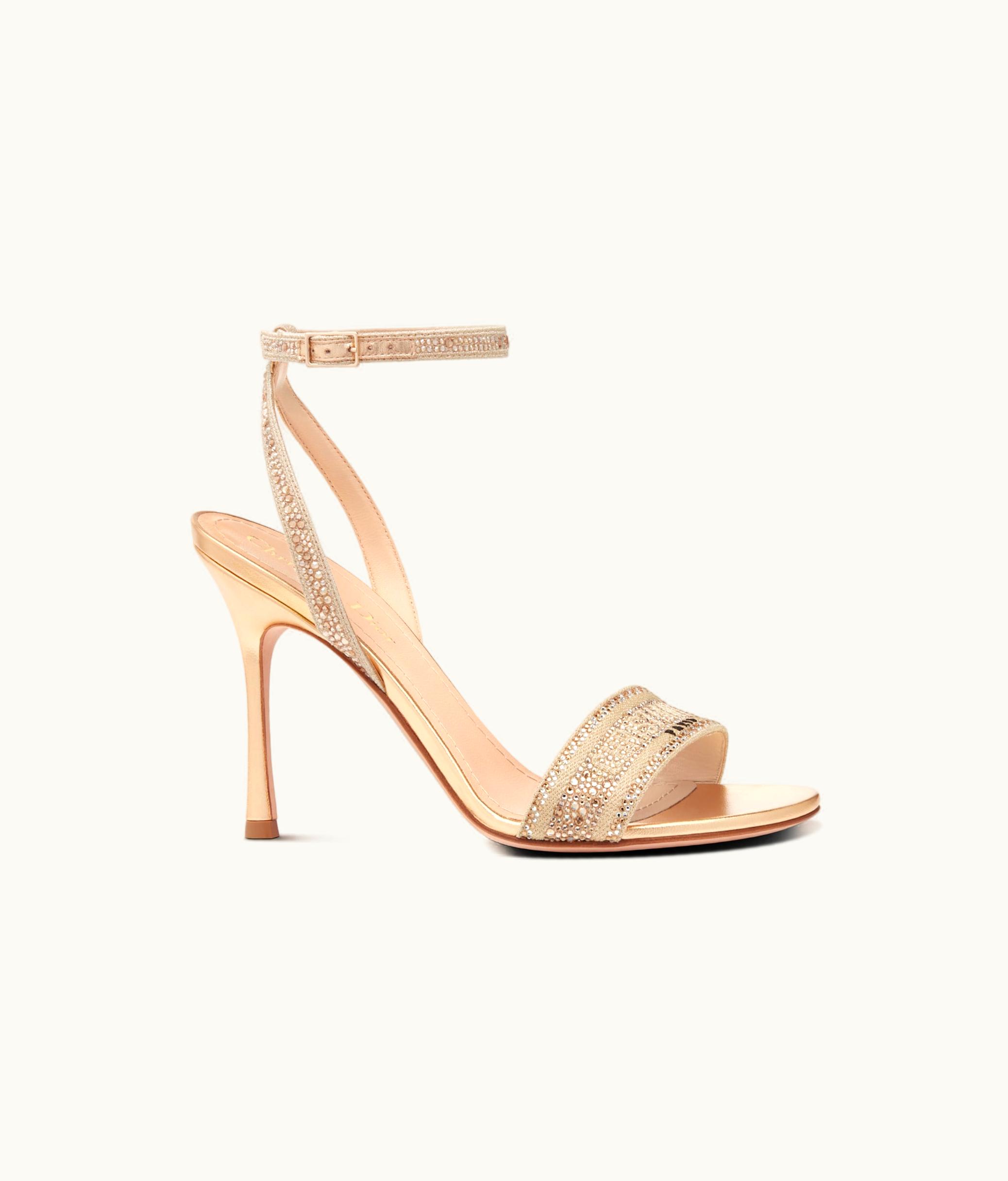 Dior Christian Dior Dway Heeled Sandal - Gold-Tone Cotton Embroidered With Metallic Thread And Strass
