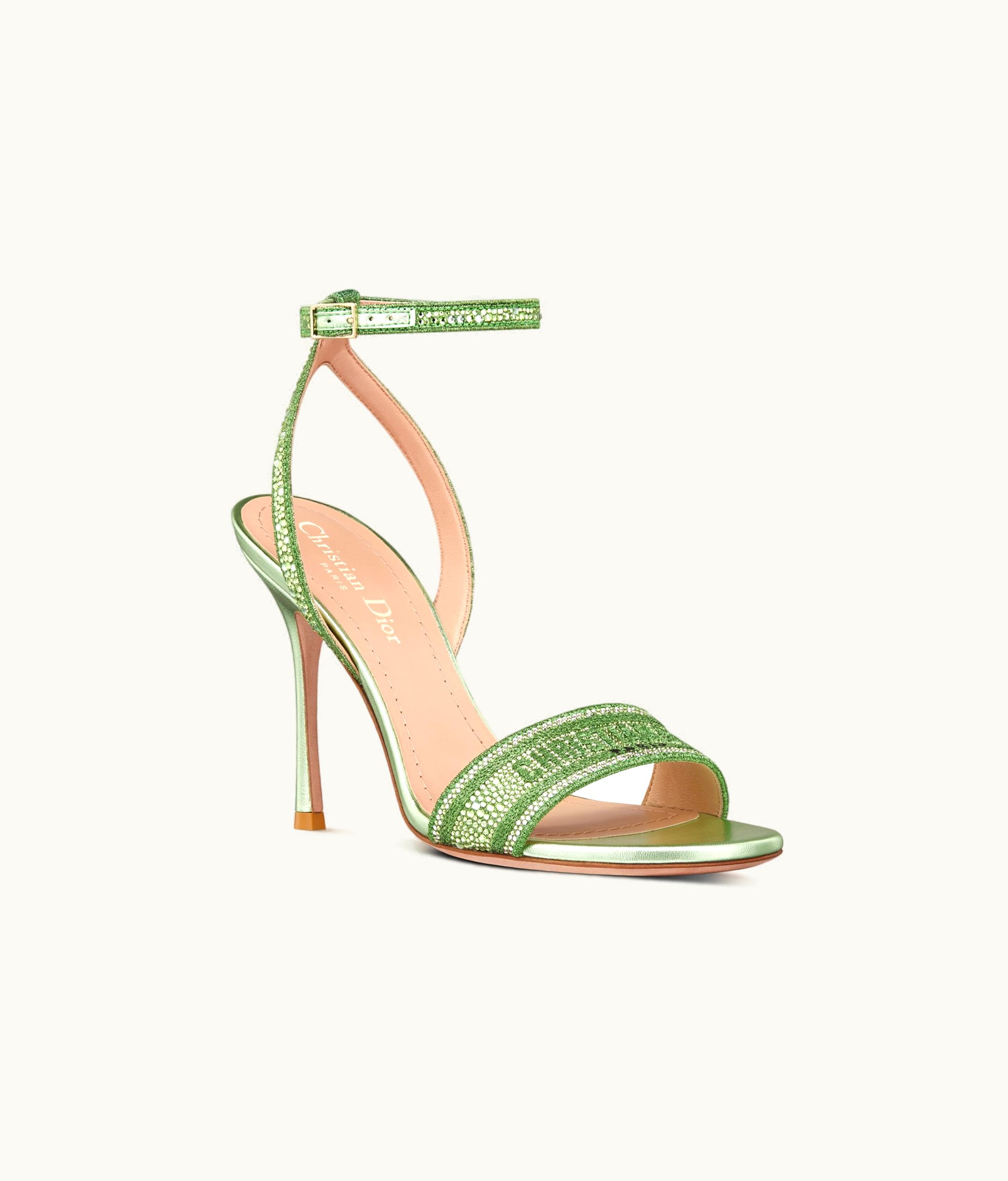Dior Dior Dway Heeled Sandal - Green Cotton Embroidered With Metallic Thread And Strass