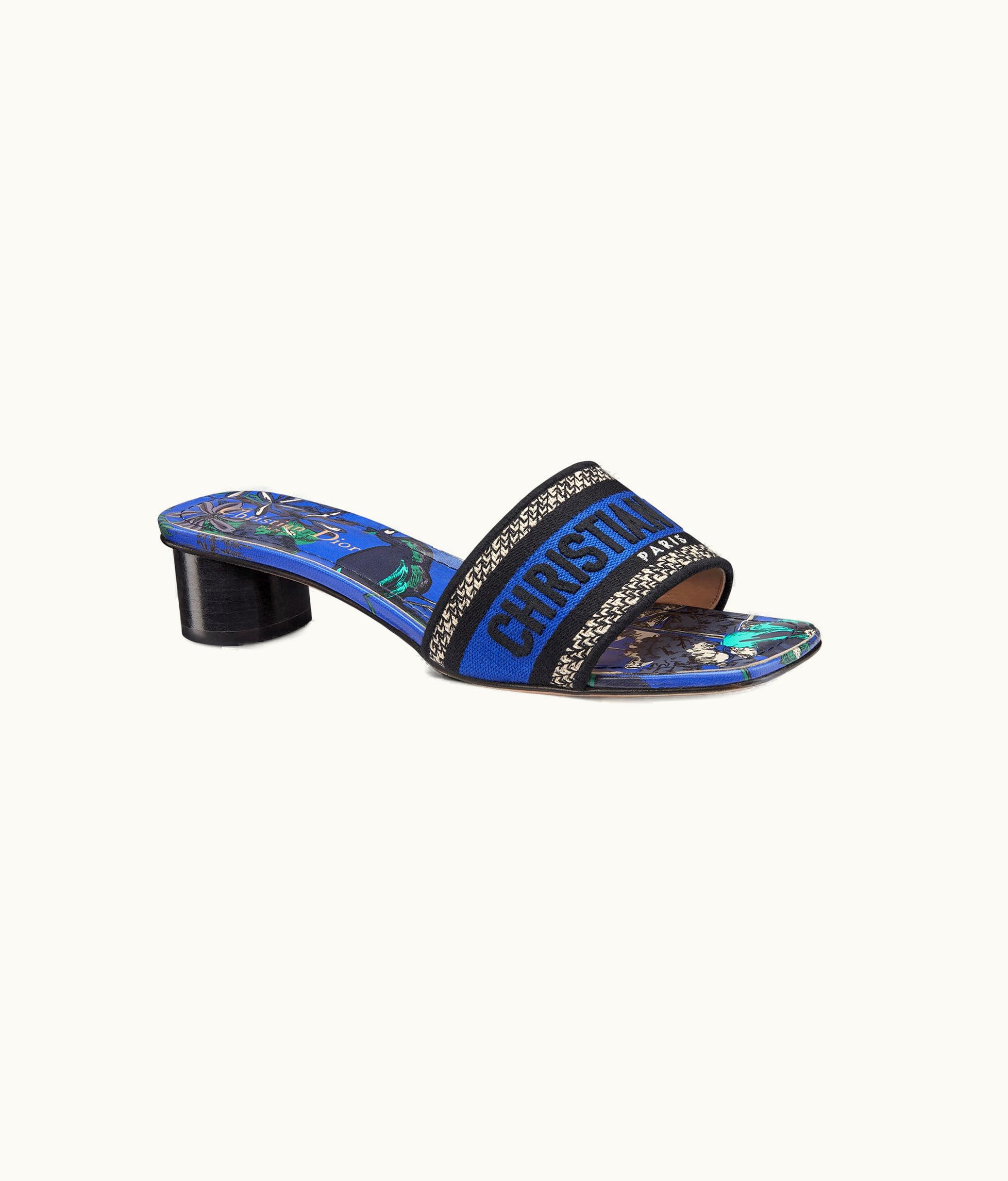 Dior Dior Dway Heeled Slide - Cobalt Blue Multicolor Embroidered Cotton With Toile De Jouy Voyage Motif