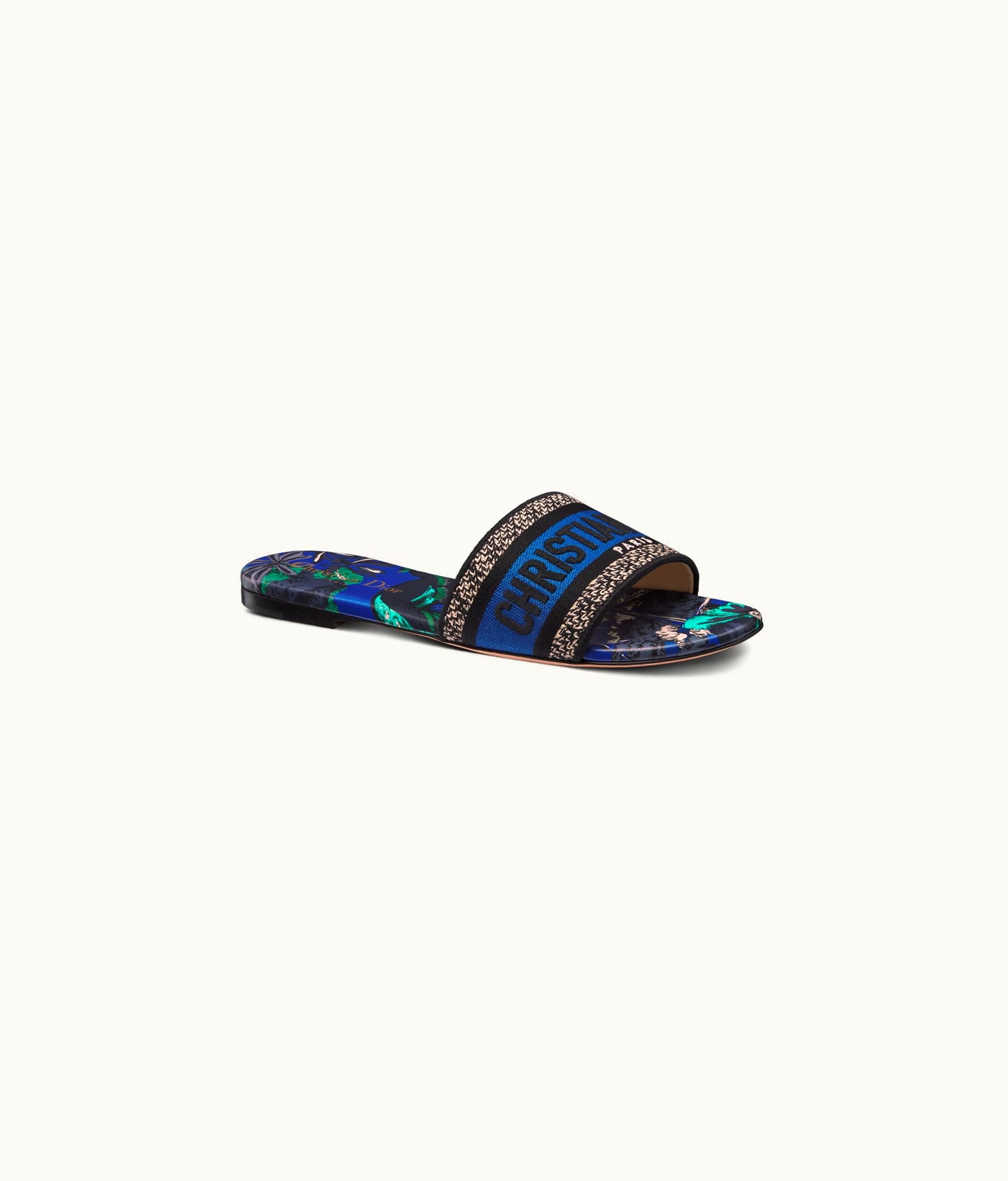Dior Dior Dway Slide - Cobalt Blue Multicolor Embroidered Cotton With Toile De Jouy Voyage Motif