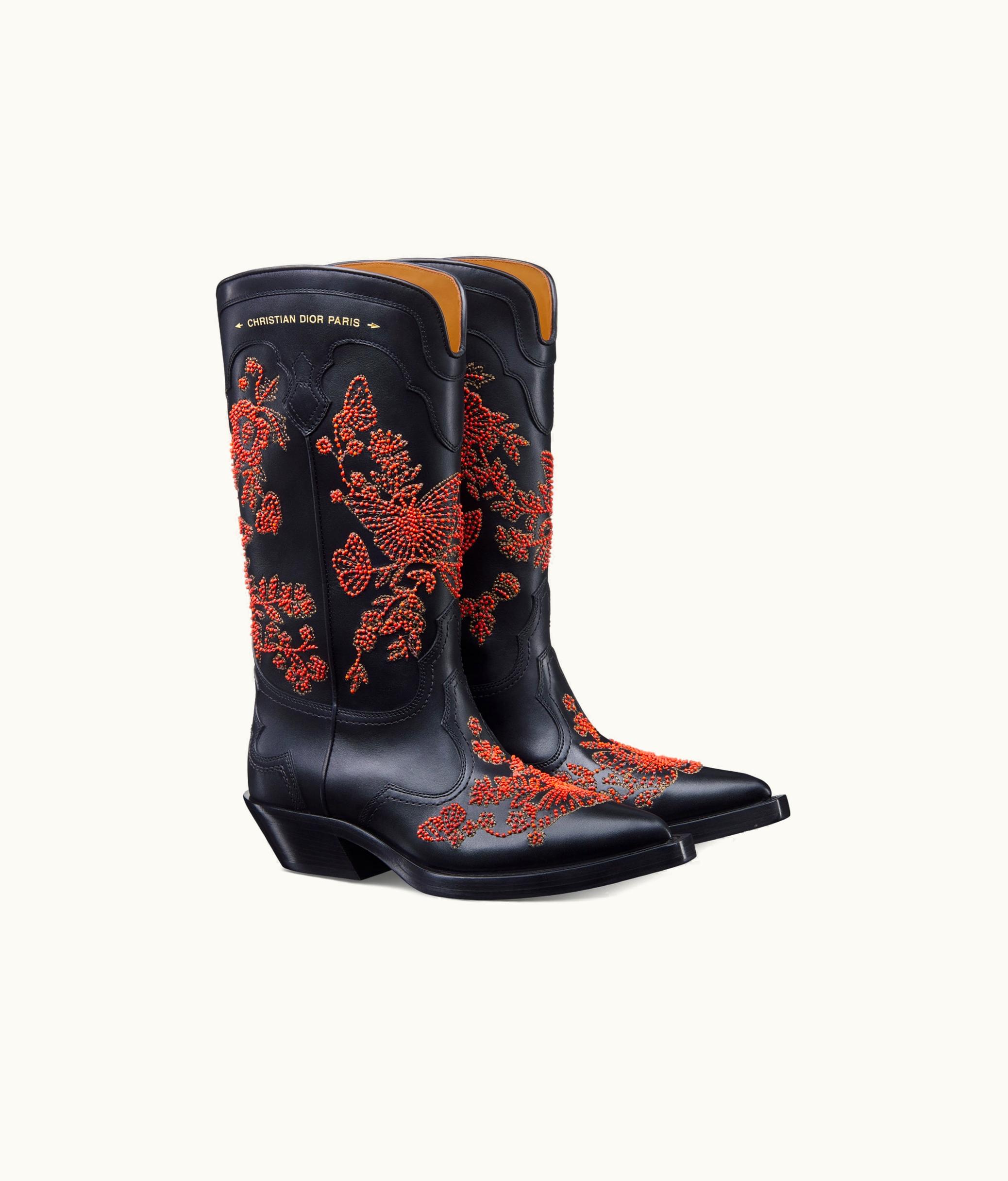 Dior Dior West Heeled Boot - Black Butterfly Embroidered Calfskin With Metallic Thread And Red Beads