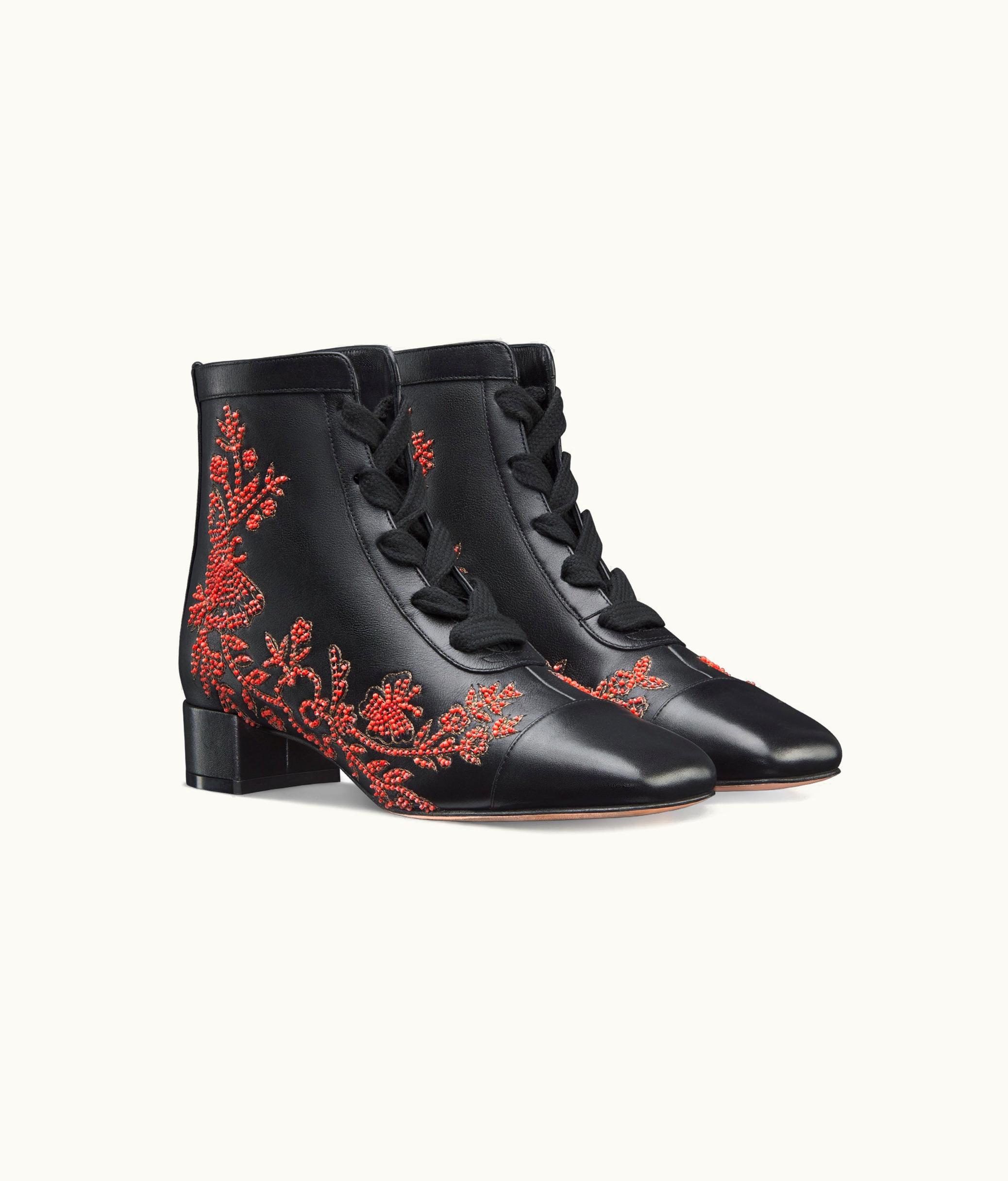 Dior Dior Naughtily-D Ankle Boot - Black Butterfly Embroidered Calfskin With Metallic Thread And Red Beads
