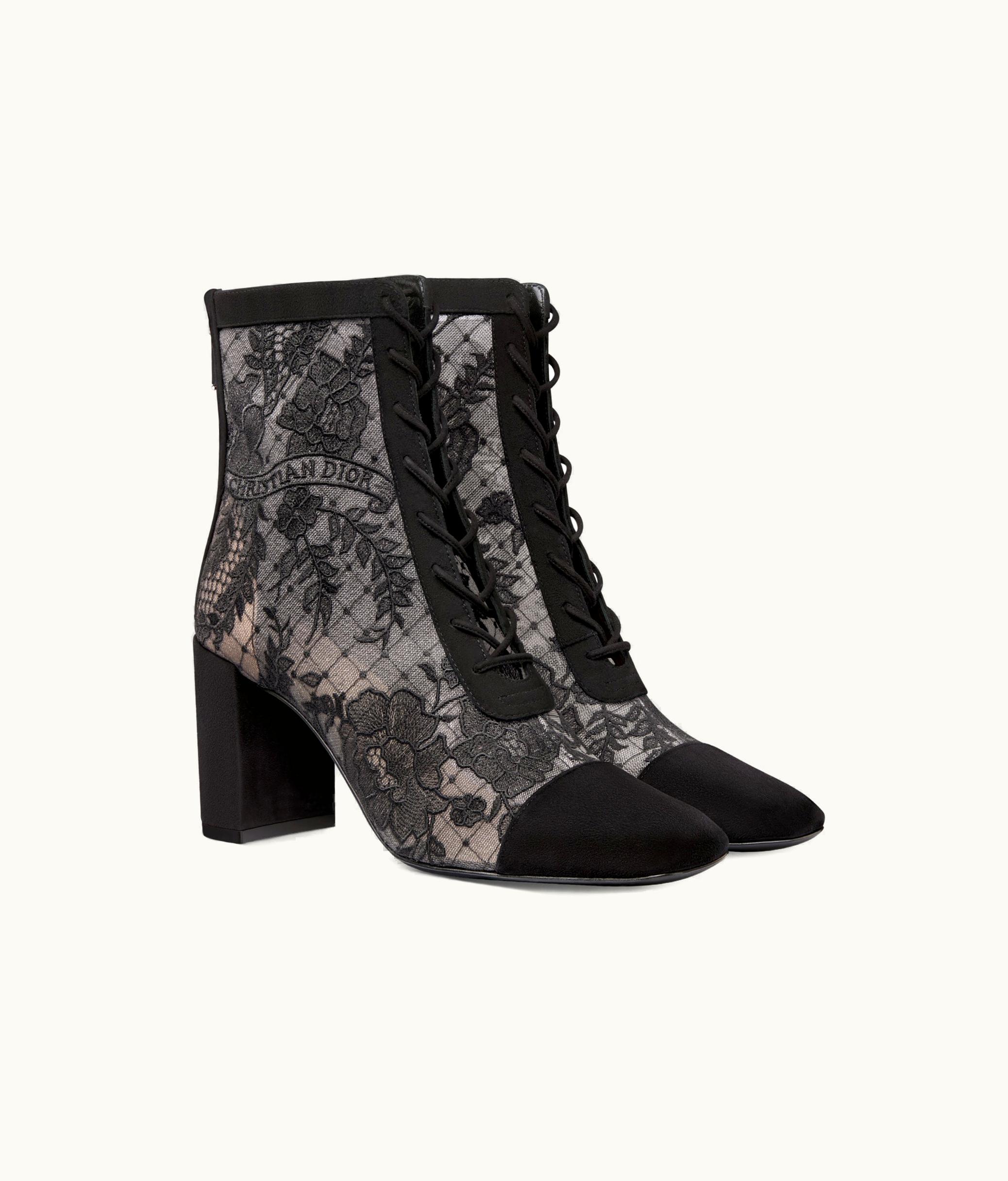 Dior Naughtily-D Heeled Ankle Boot - Transparent Mesh And Black Suede Calfskin Embroidered With Dior Roses Motif