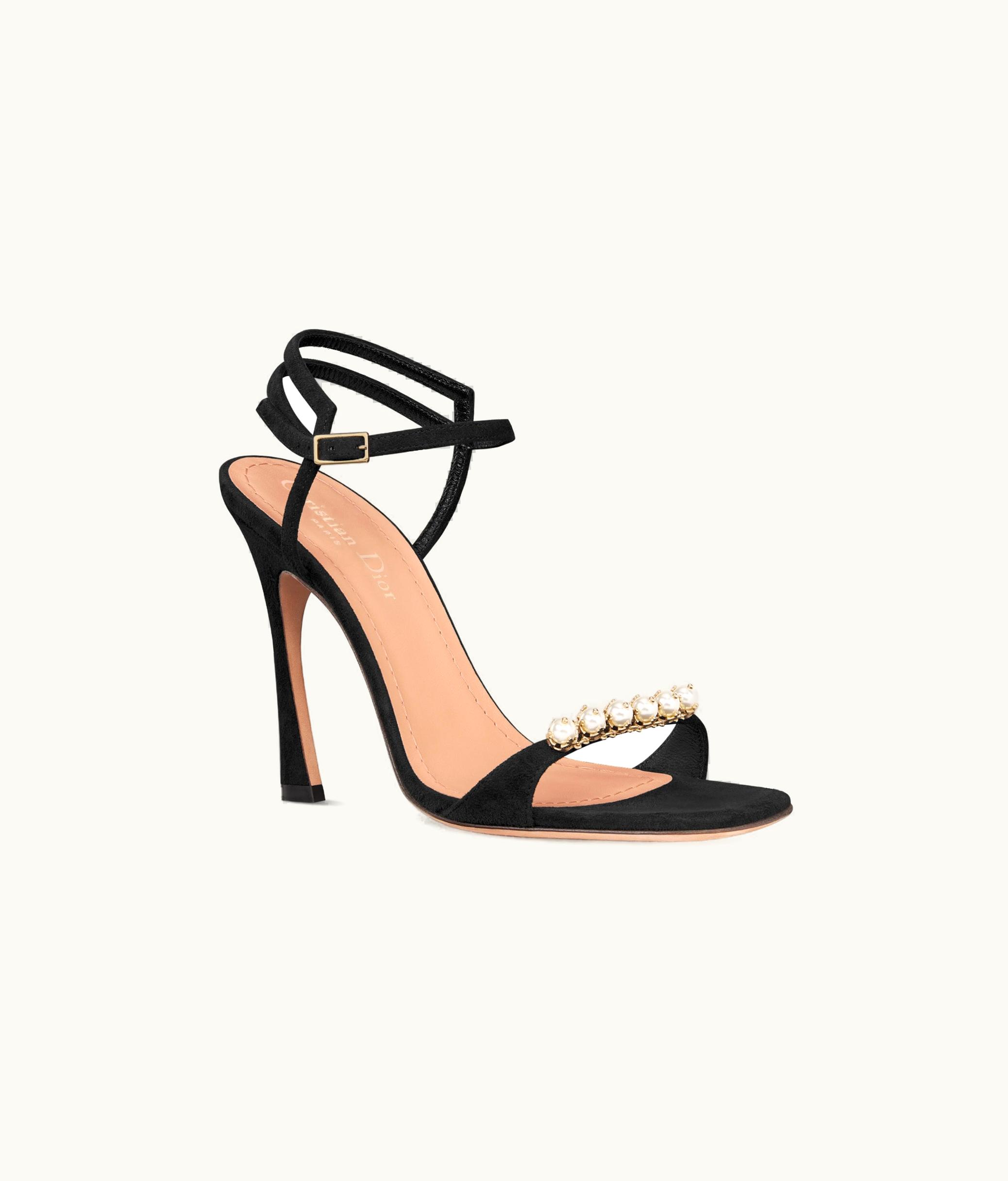 Dior Diorly Heeled Sandal - Black Suede Calfskin And White Resin Pearls