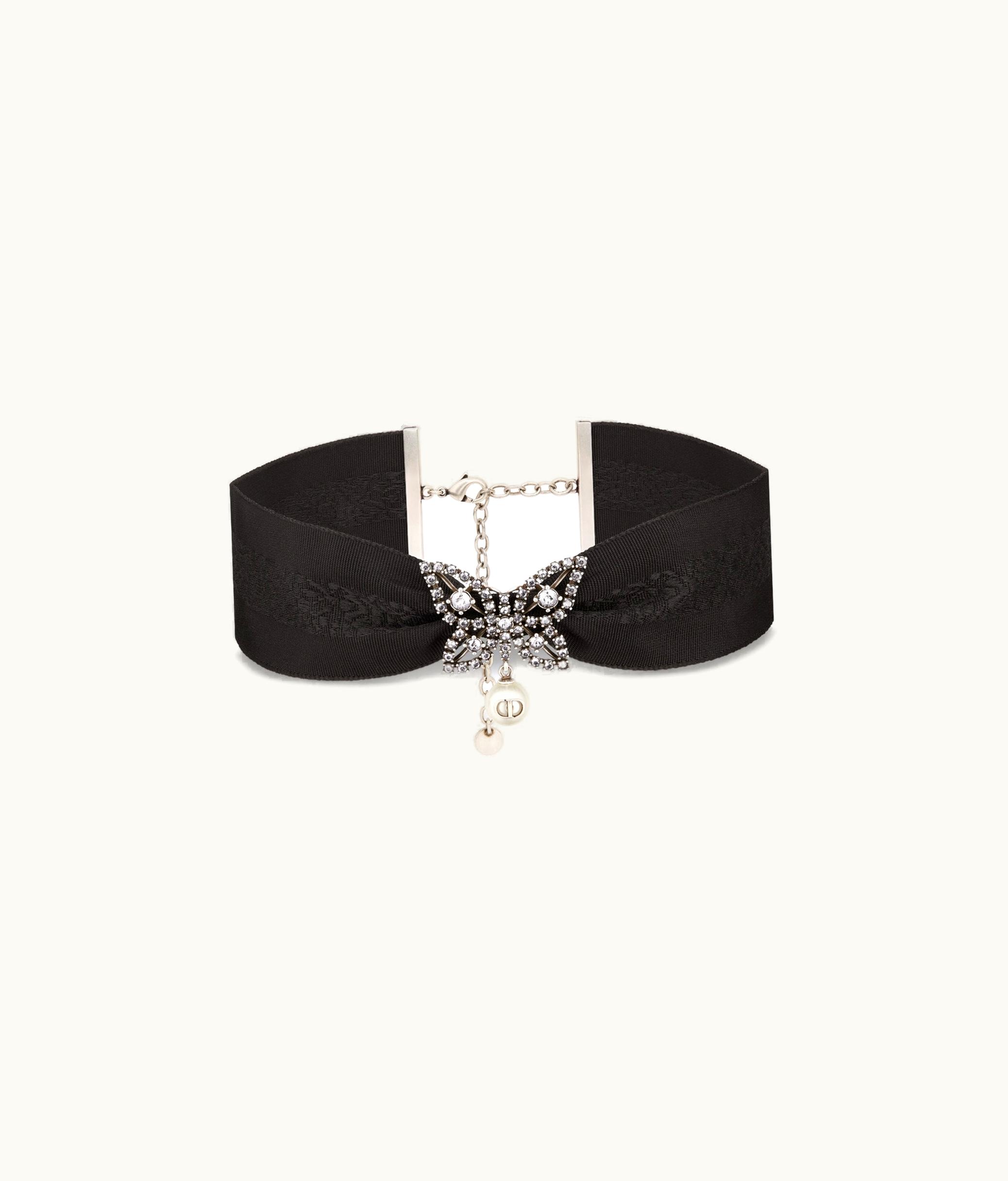 Dior Dior Papillon De Nuit Choker - Antique Silver-Finish Metal, Black Silk, White Resin Pearl And Silver-Tone Crystals