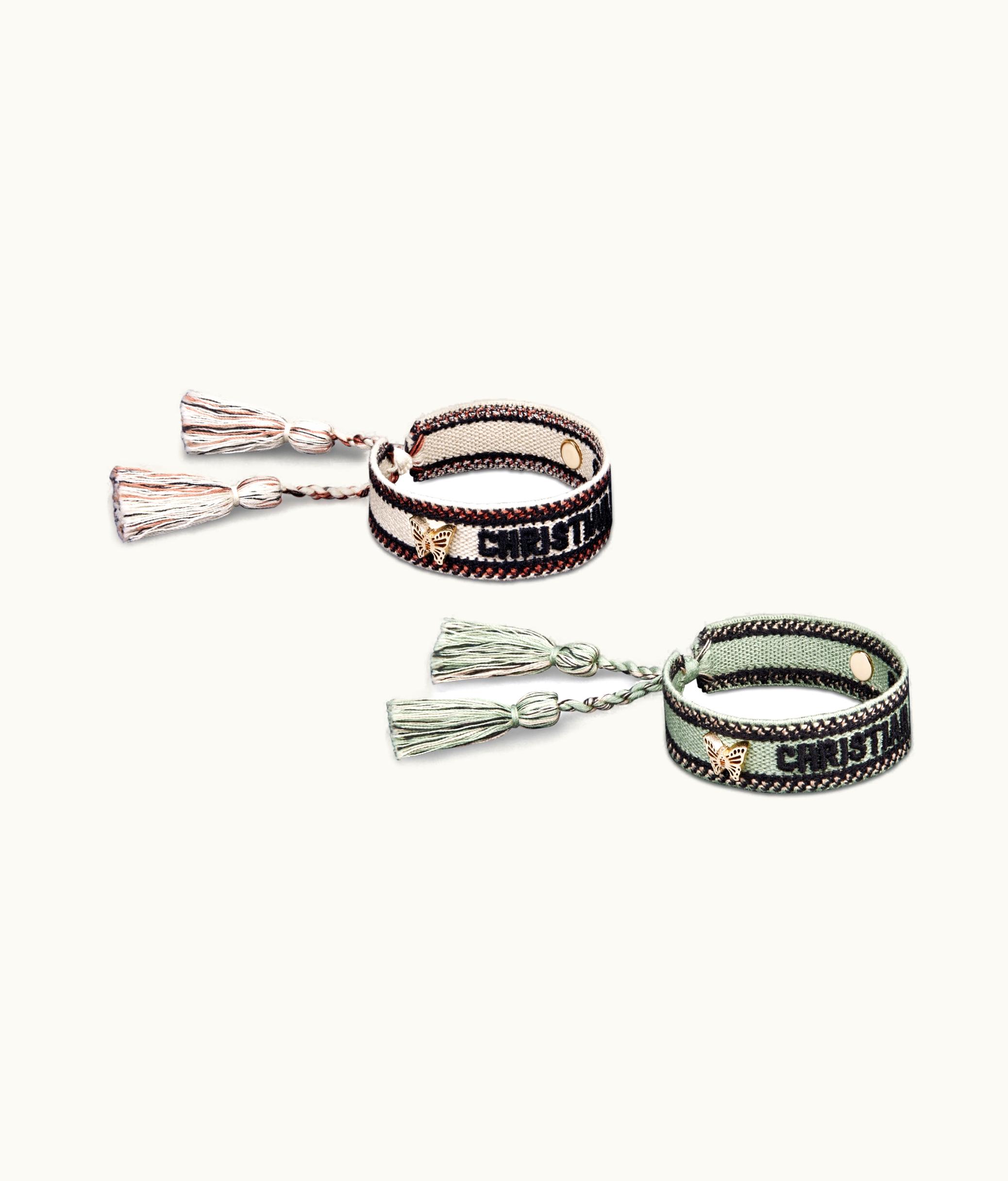 Dior Christian Dior Bracelet Set - Pastel Peyote Green And Beige Embroidery With Matte Gold-Finish Metal