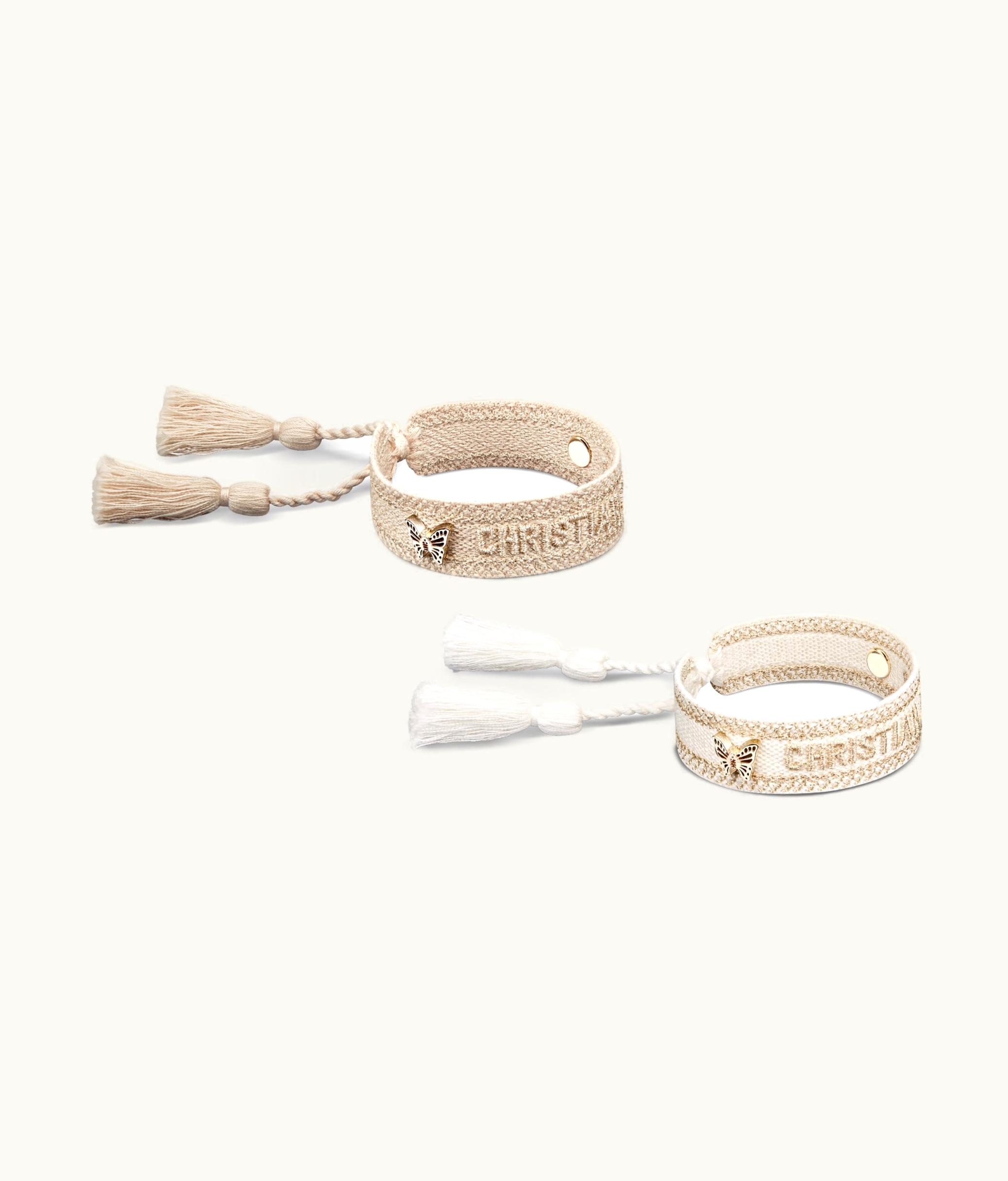 Dior Christian Dior Bracelet Set - Gold-Tone And White Embroidery With Matte Gold-Finish Metal