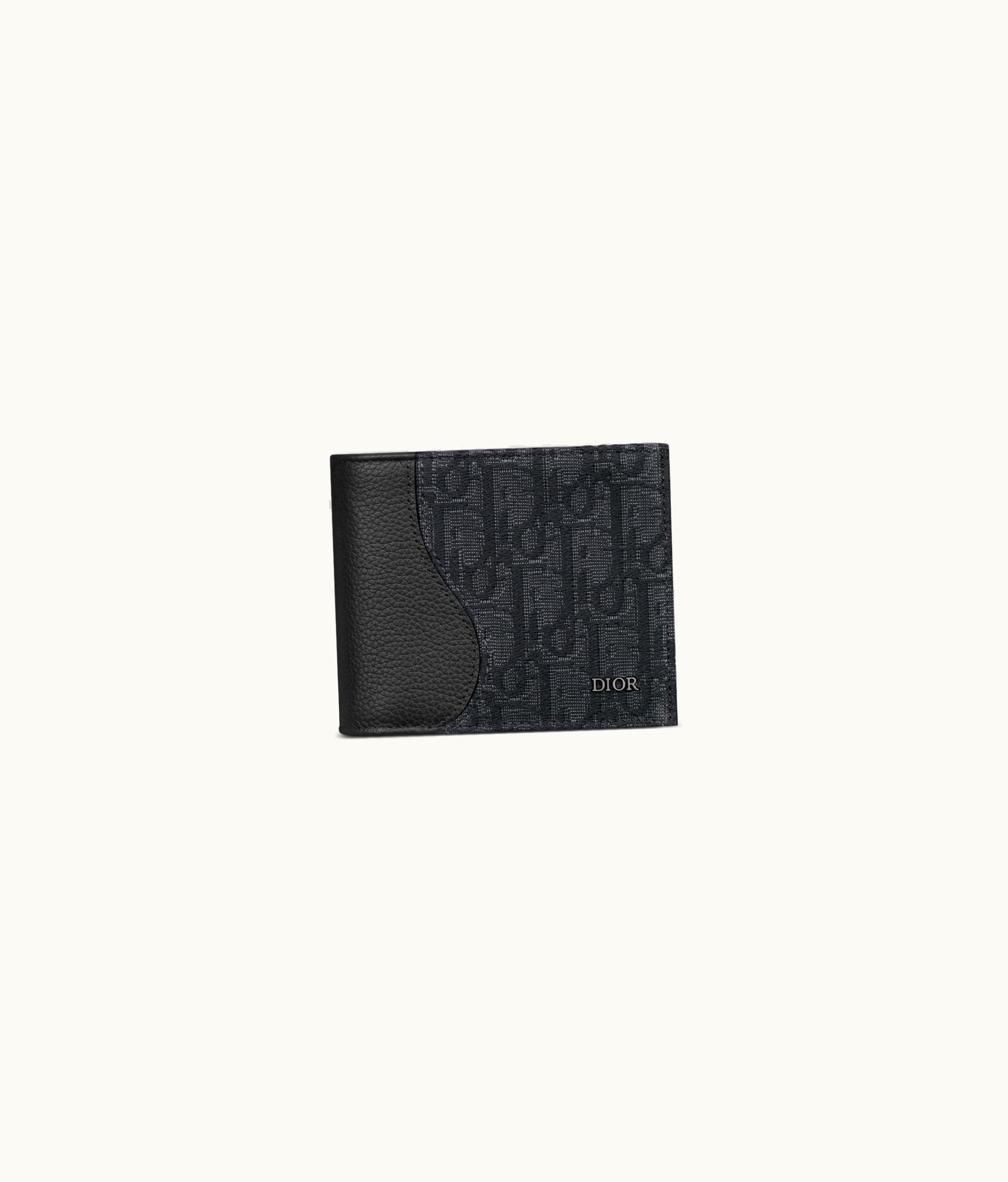Dior Saddle Compact Wallet - Black Grained Calfskin Leather Marquetry And Dior Oblique Jacquard