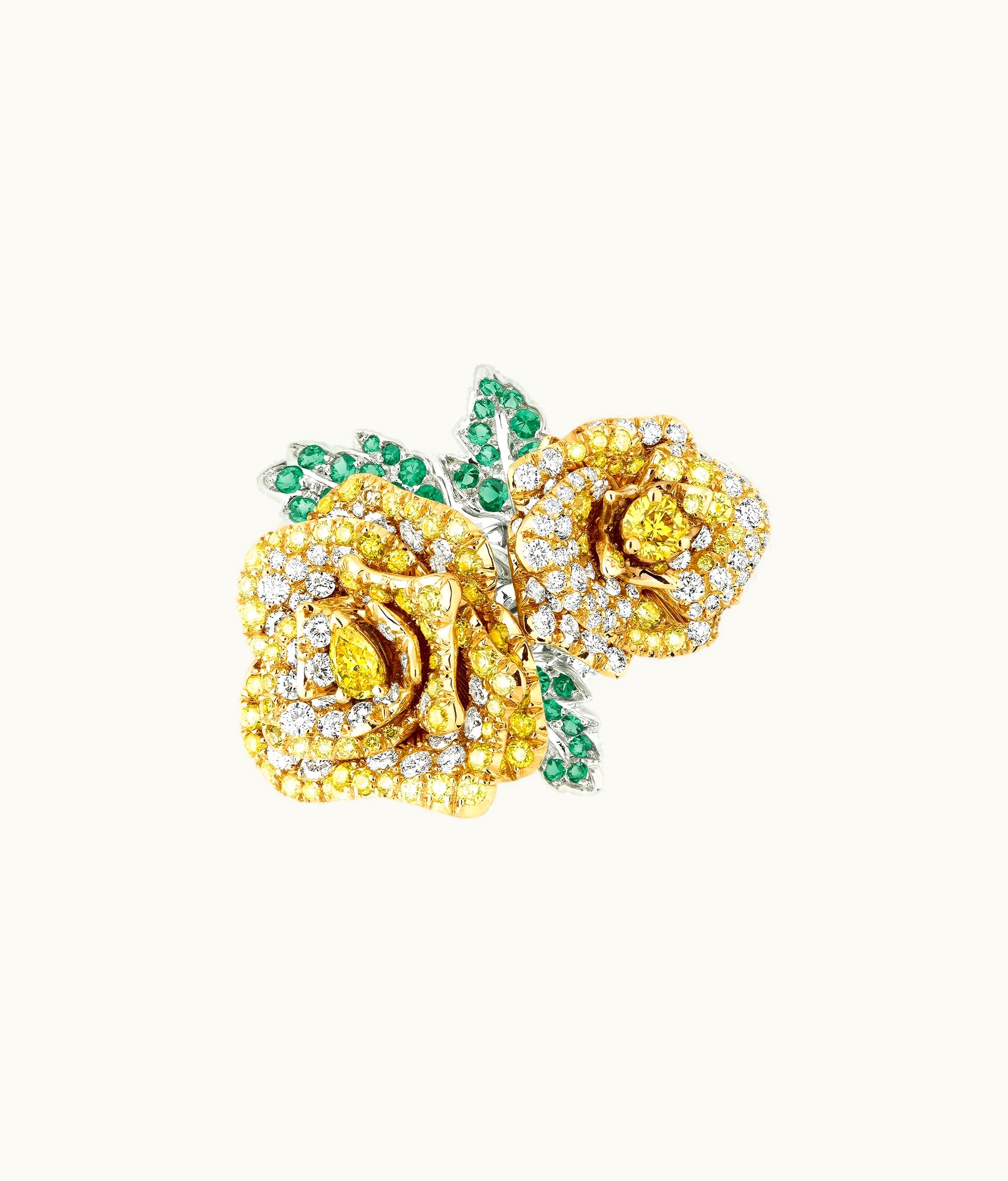 Dior Large Rose Dior Bagatelle Ring - 18k White Gold, White And Yellow Diamonds With Emeralds