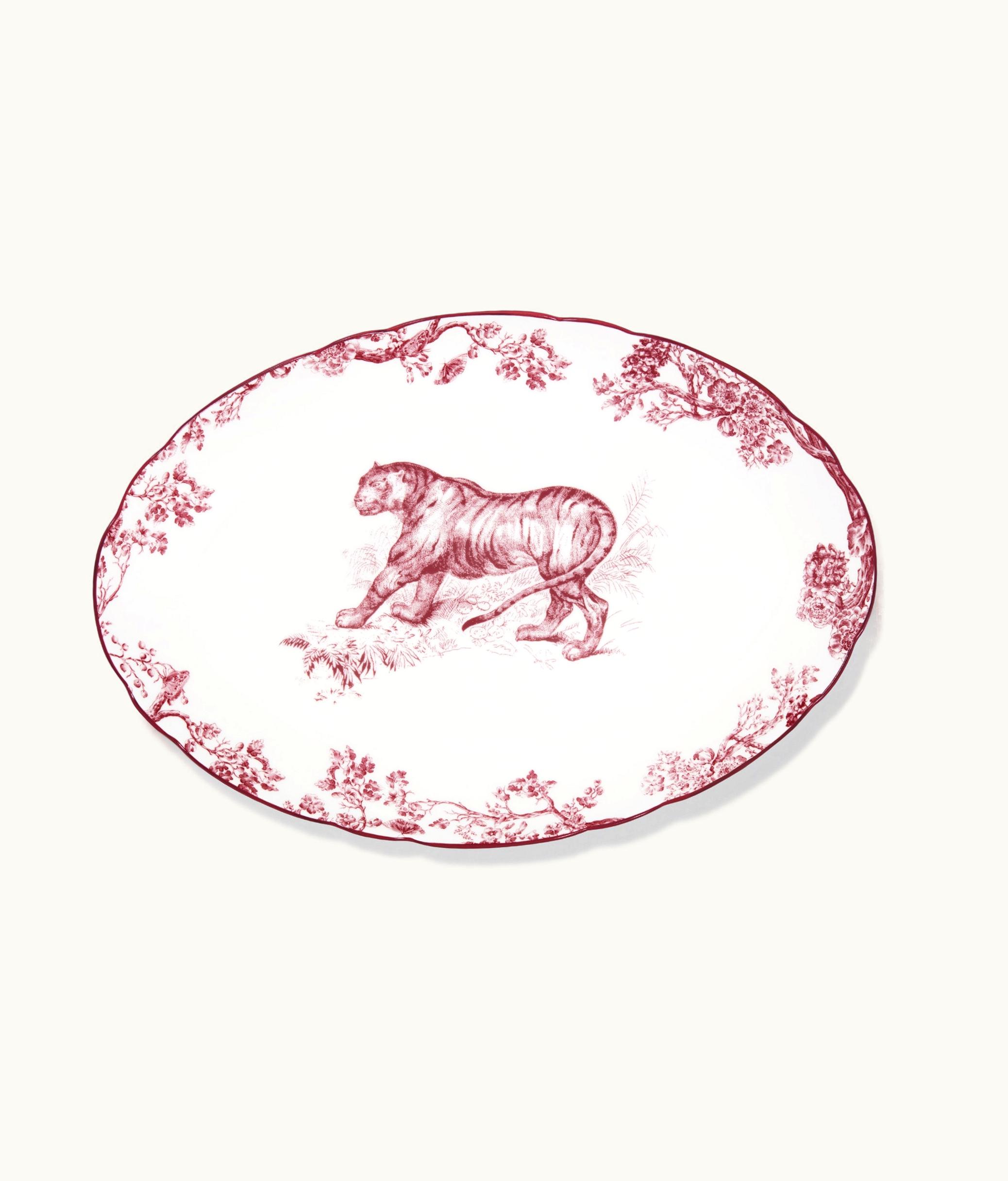 Dior Oval Platter - Burgundy Toile De Jouy Tiger