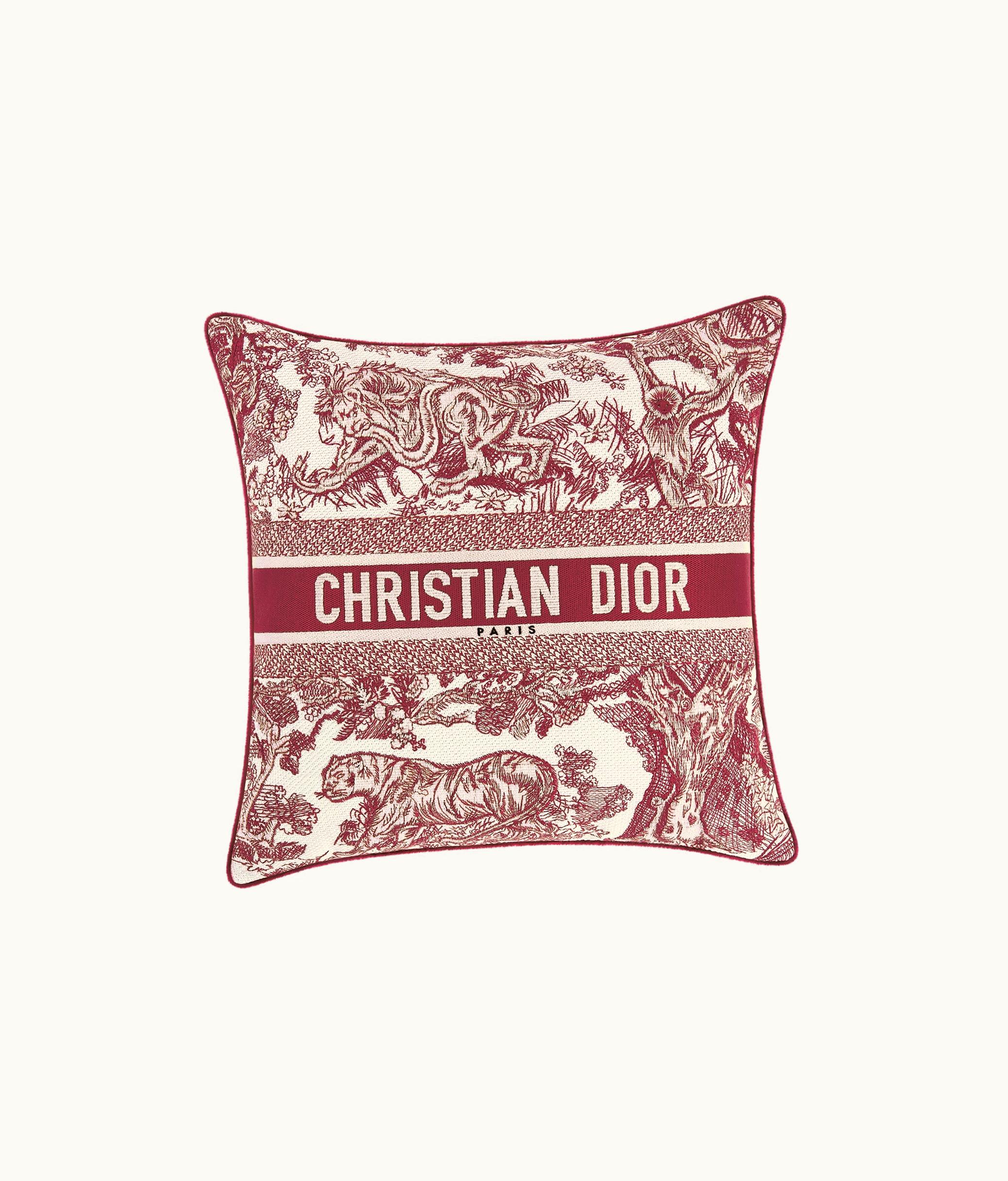 Dior Small Square Pillow - Burgundy Toile De Jouy