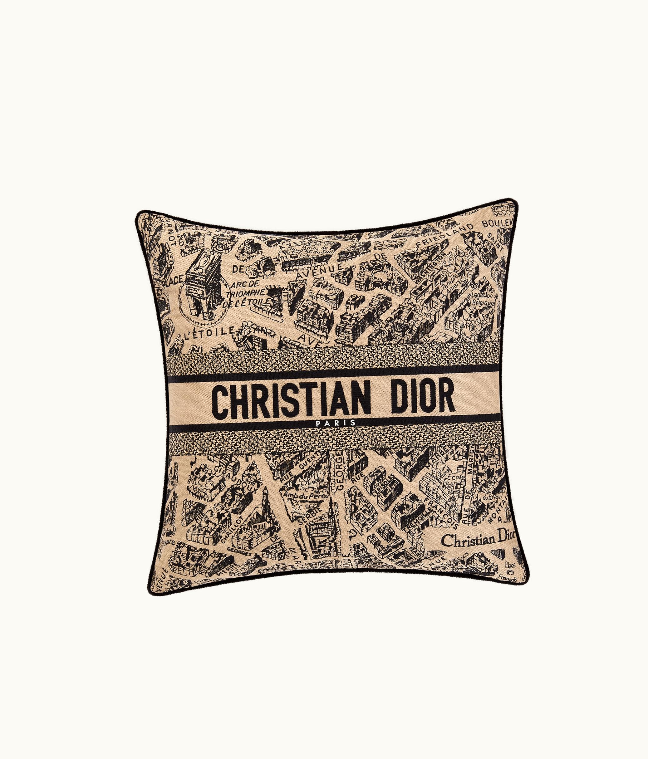 Dior Small Square Pillow - Beige And Black Plan De Paris Motif
