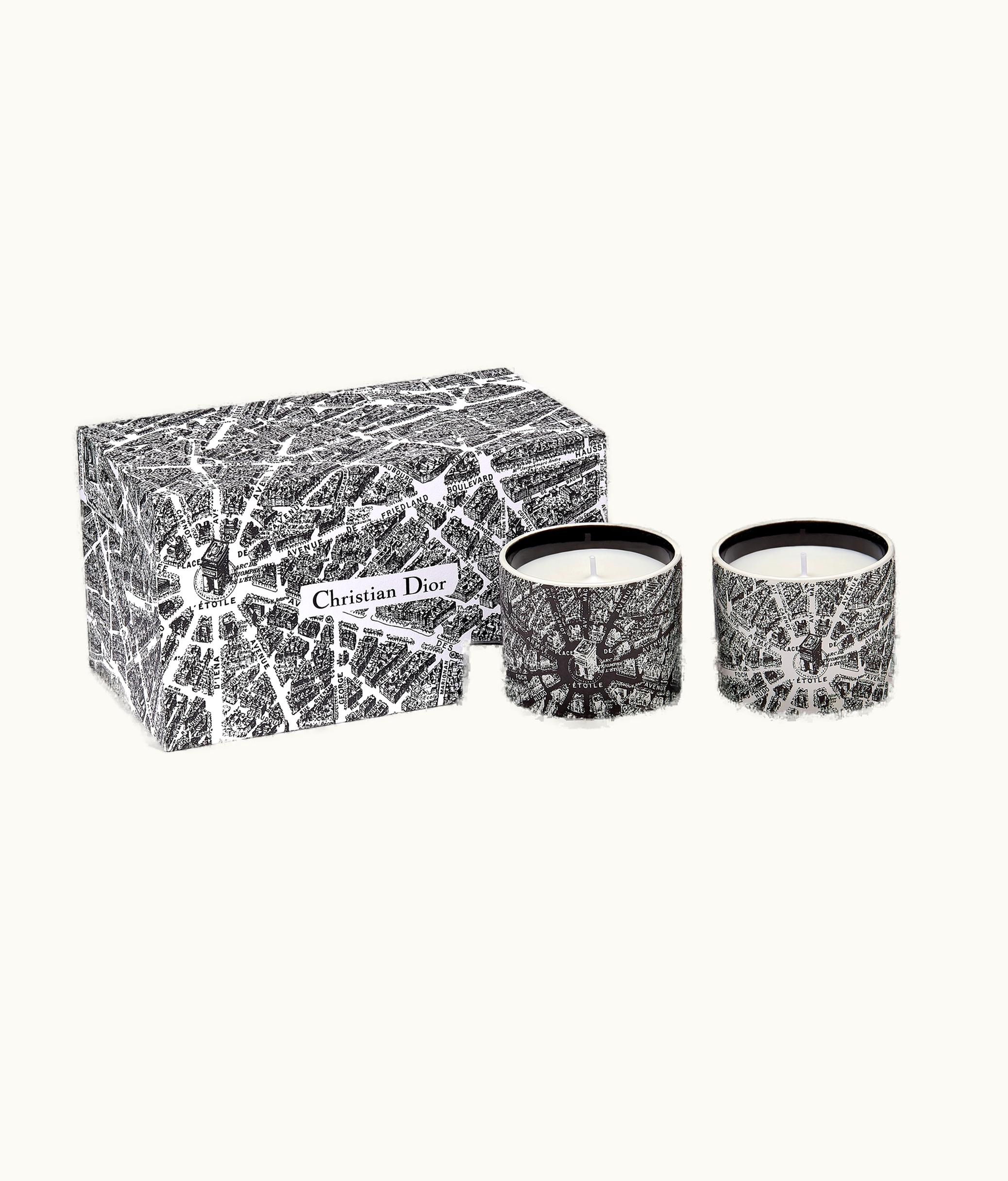 Dior Set Of Two Scented Mini Candles: Baies De Rose Bergamote And Orange Mandarine - Black And White Plan De Paris